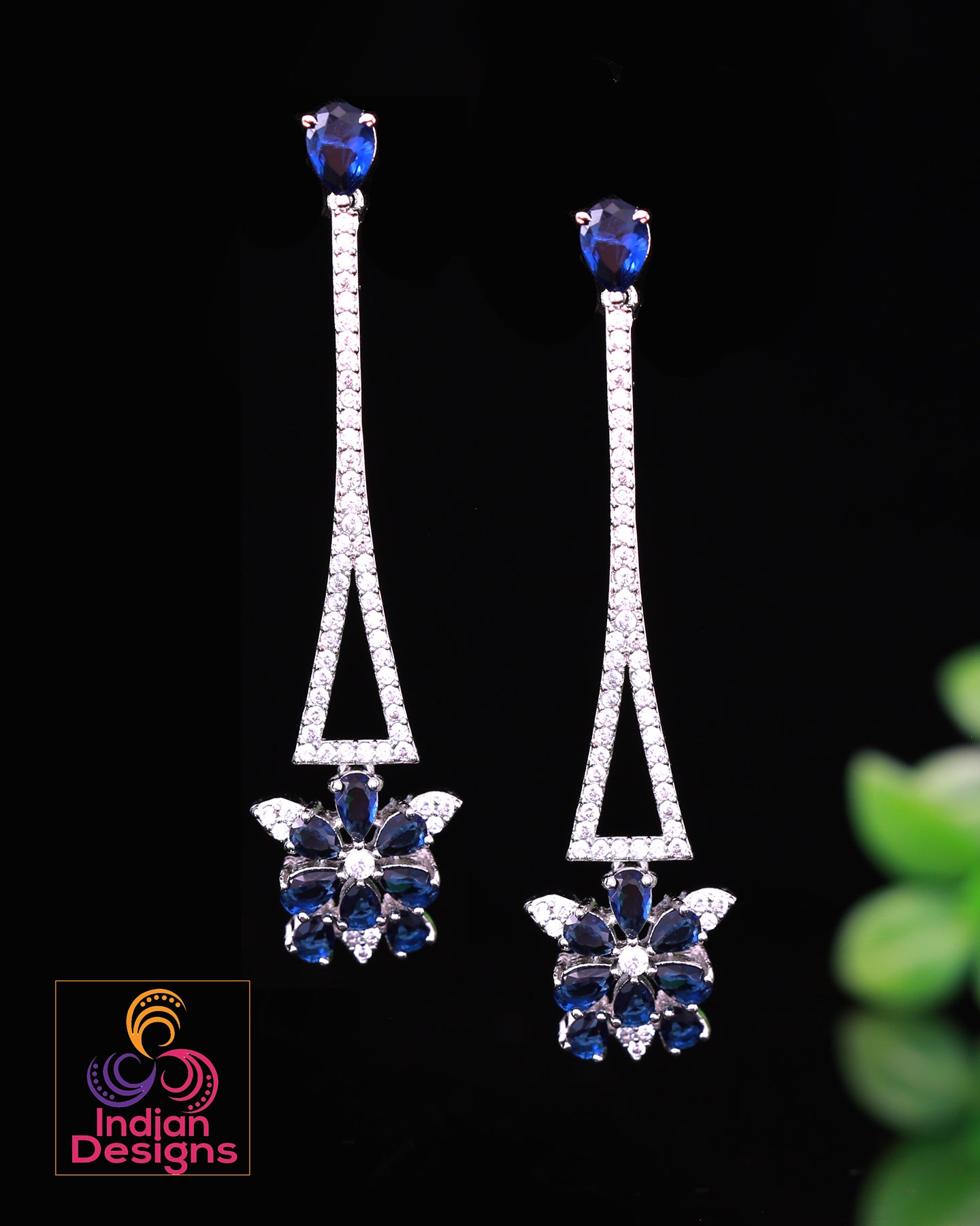 American Diamond CZ crystal Long Minimalist Floral Earrings