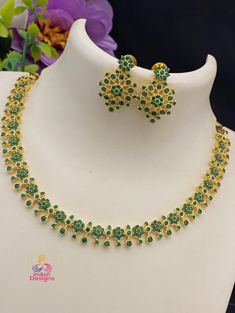 Gold Polish CZ crystal American diamond Floral choker Necklace Earring Set