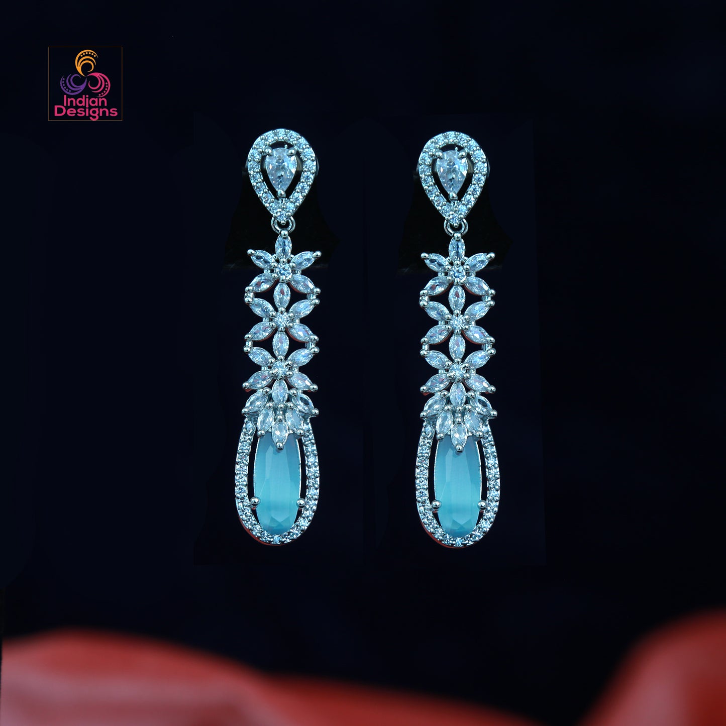 American Diamond Floral Dangle Drop Earrings with CZ color Oval stones