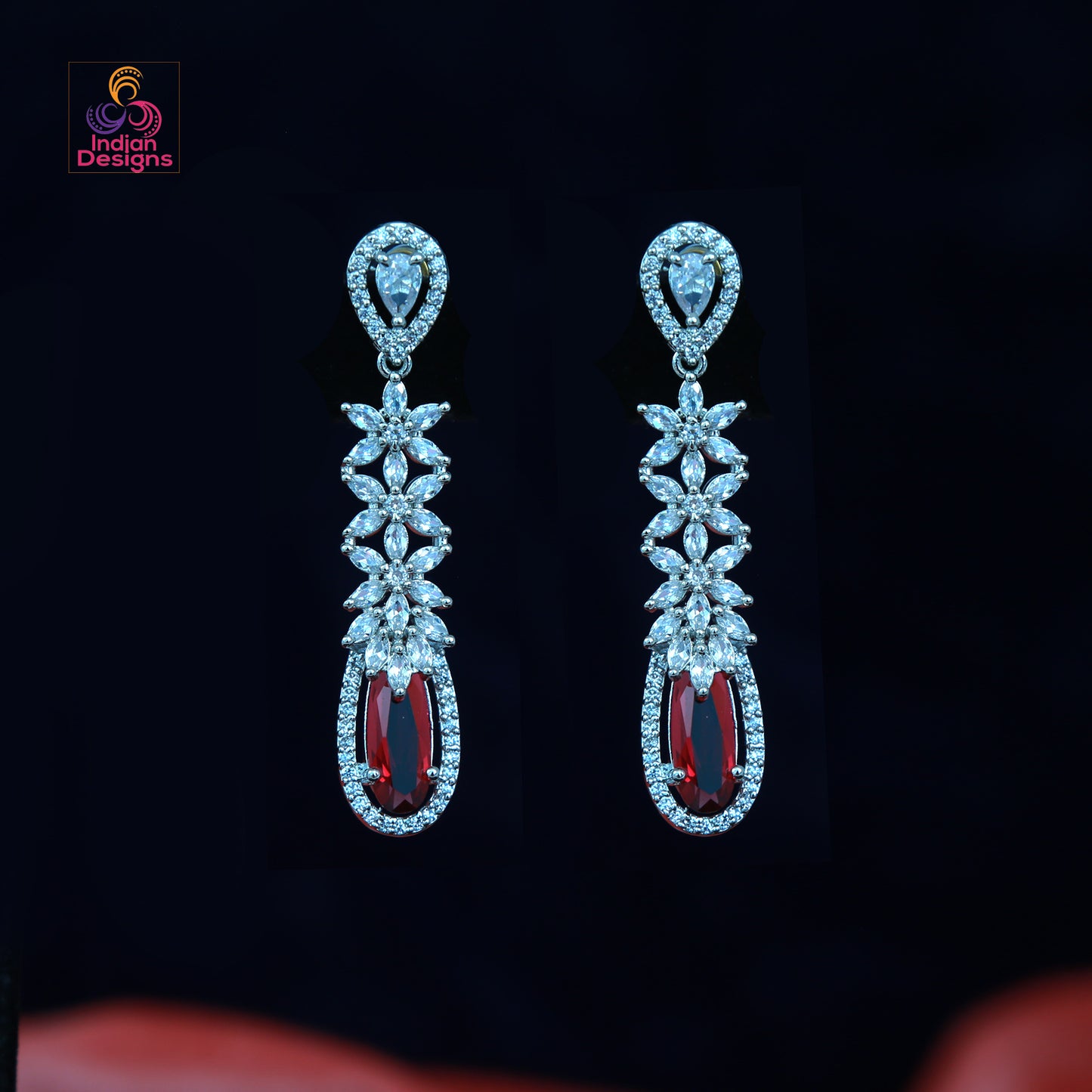 American Diamond Floral Dangle Drop Earrings with CZ color Oval stones