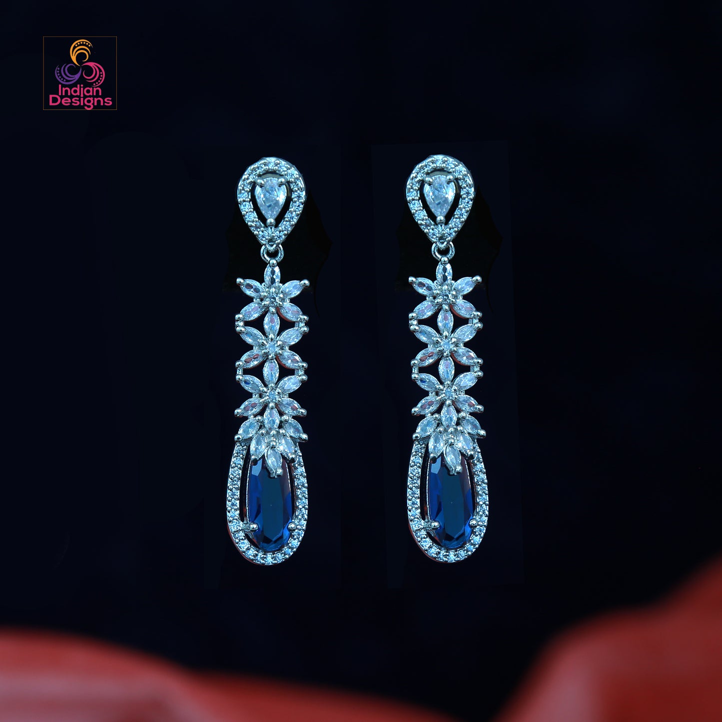 American Diamond Floral Dangle Drop Earrings with CZ color Oval stones