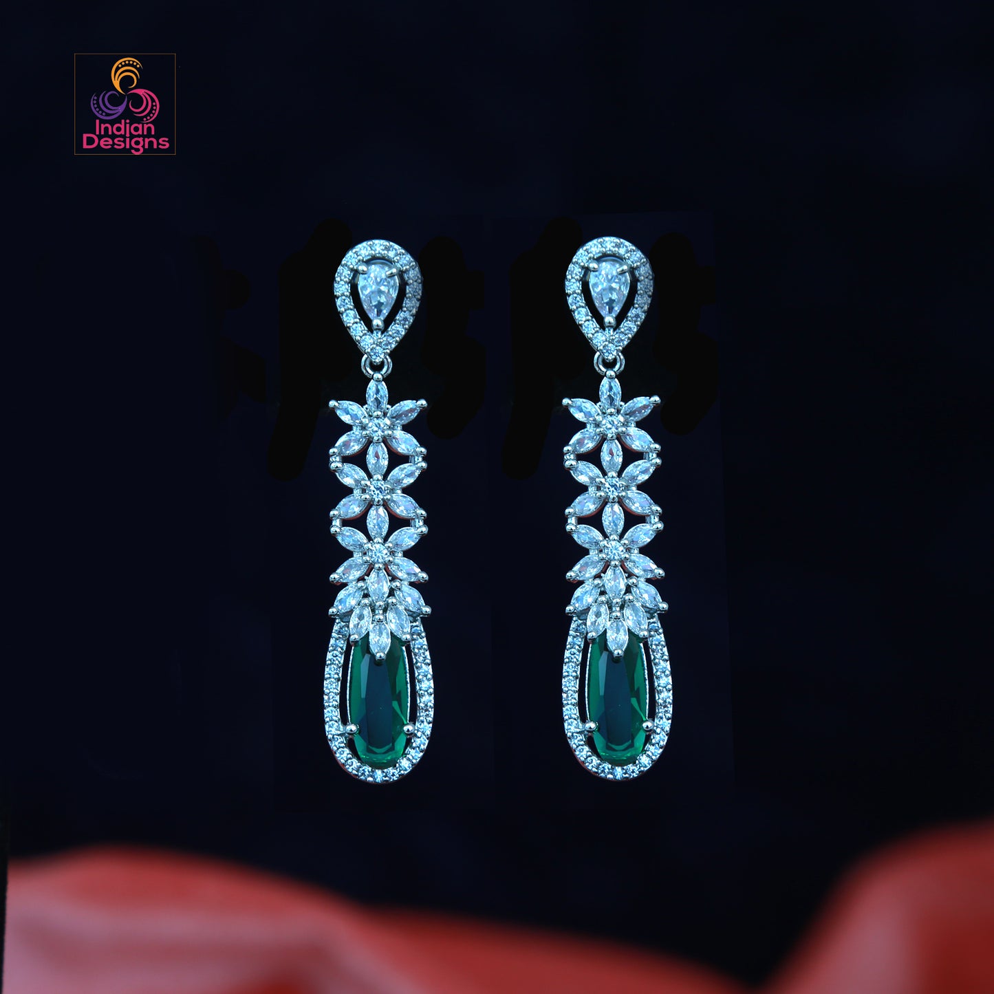 American Diamond Floral Dangle Drop Earrings with CZ color Oval stones