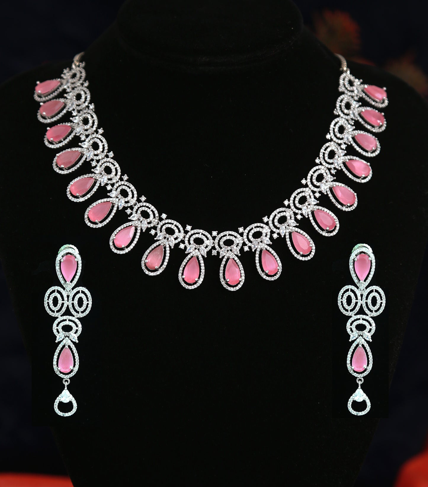 Pear shaped Pink Stone Silver American Diamond Necklace