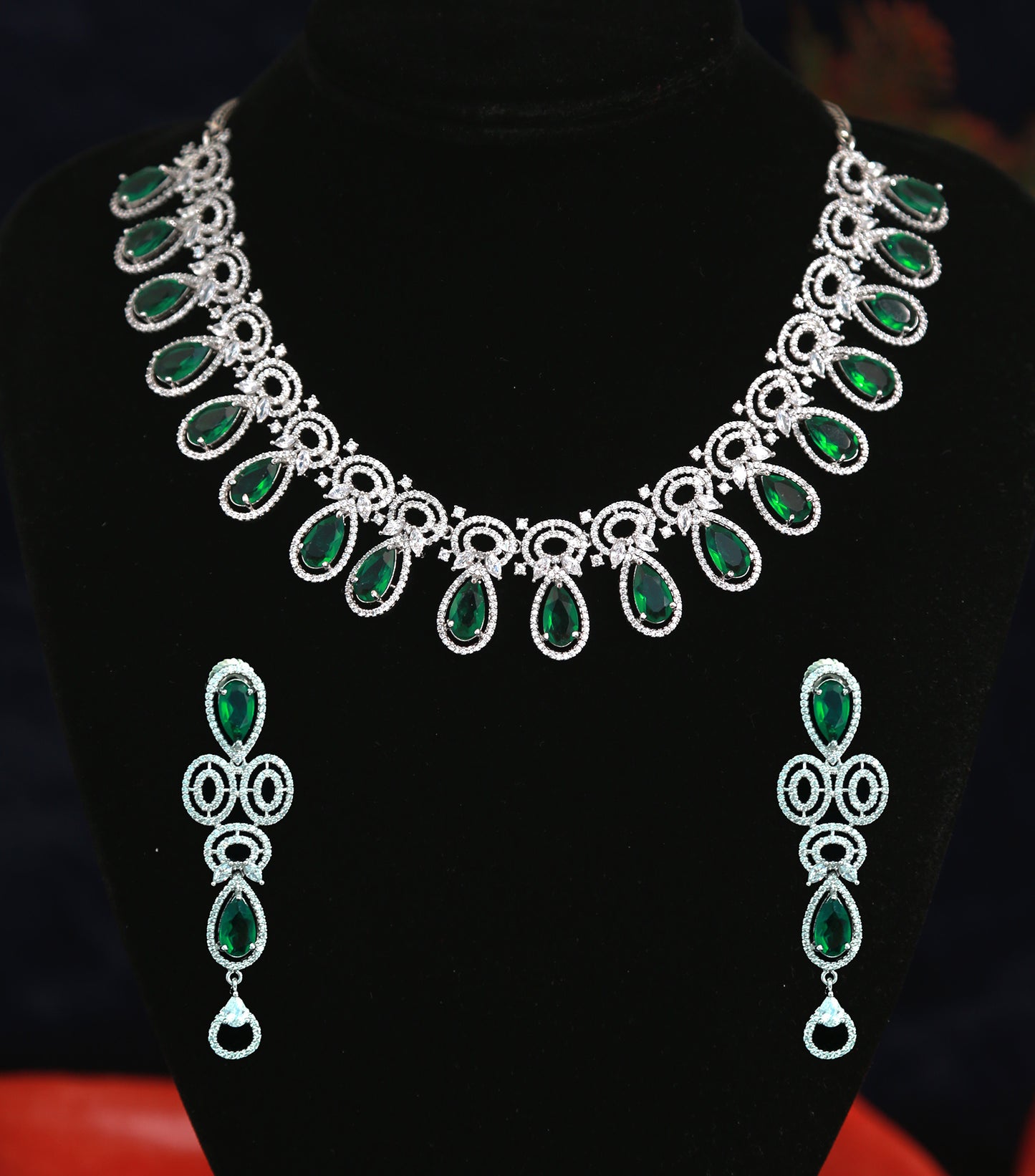 Tear-drop Green Silver American Diamond Crystal celebrity wedding necklace set