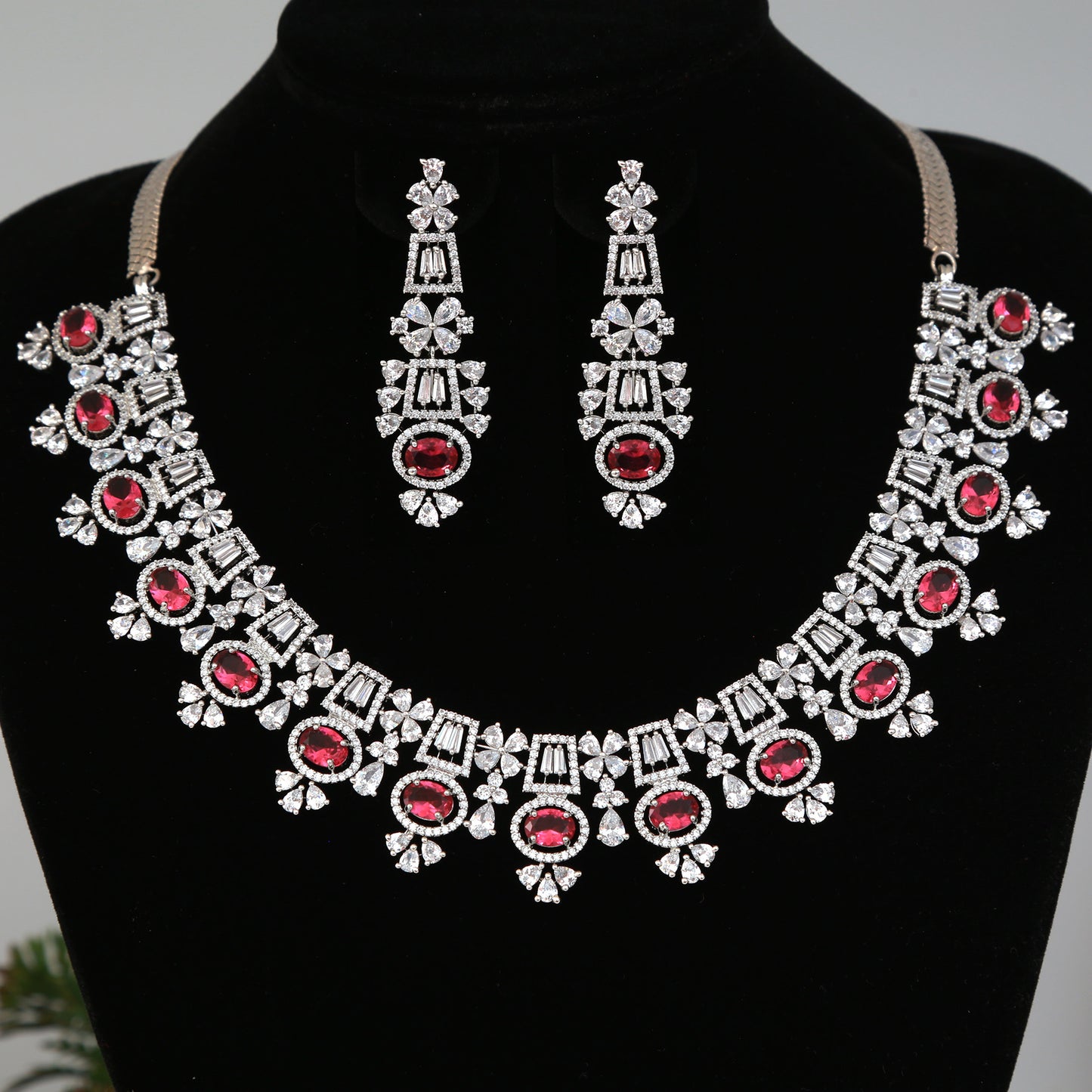 Exclusive Quality American Diamond Black rose Oxidized Grey Stone Necklace Earring set