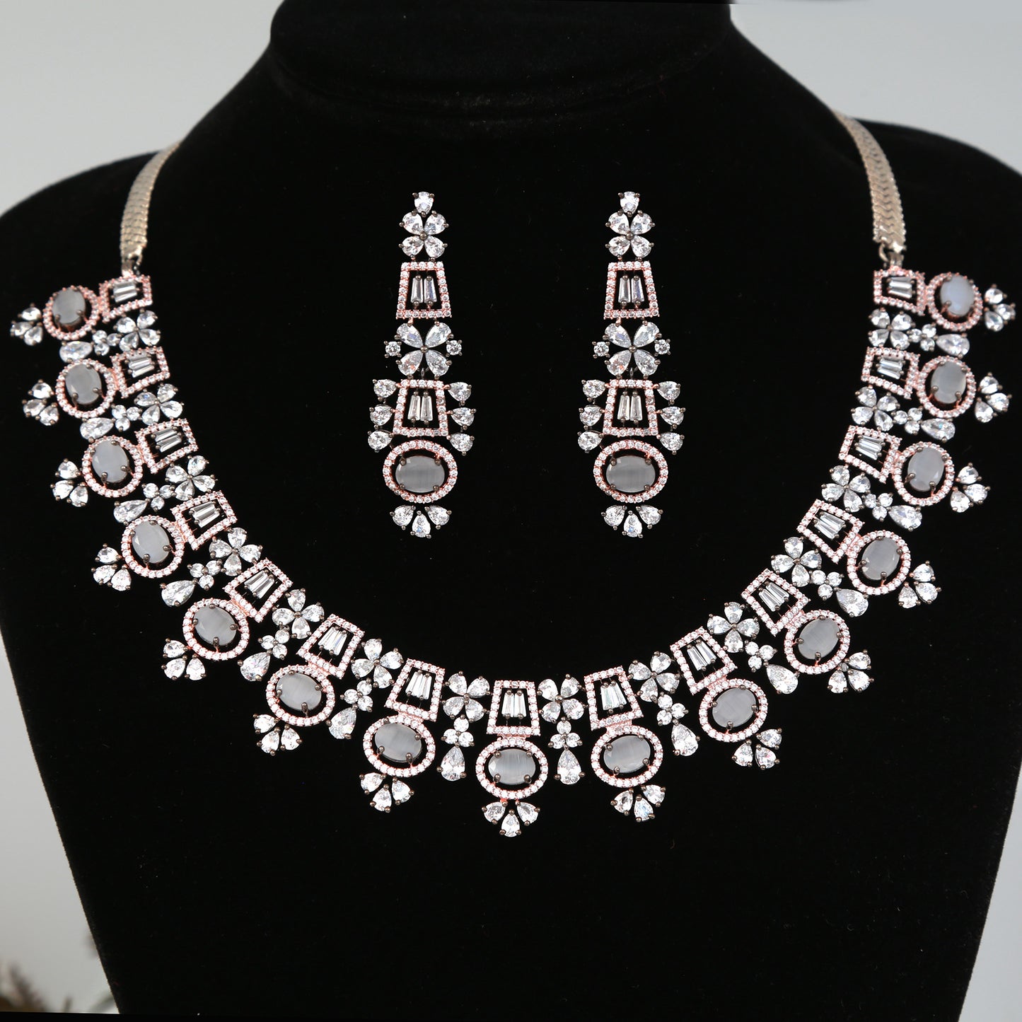 Exclusive Quality American Diamond Black rose Oxidized Grey Stone Necklace Earring set