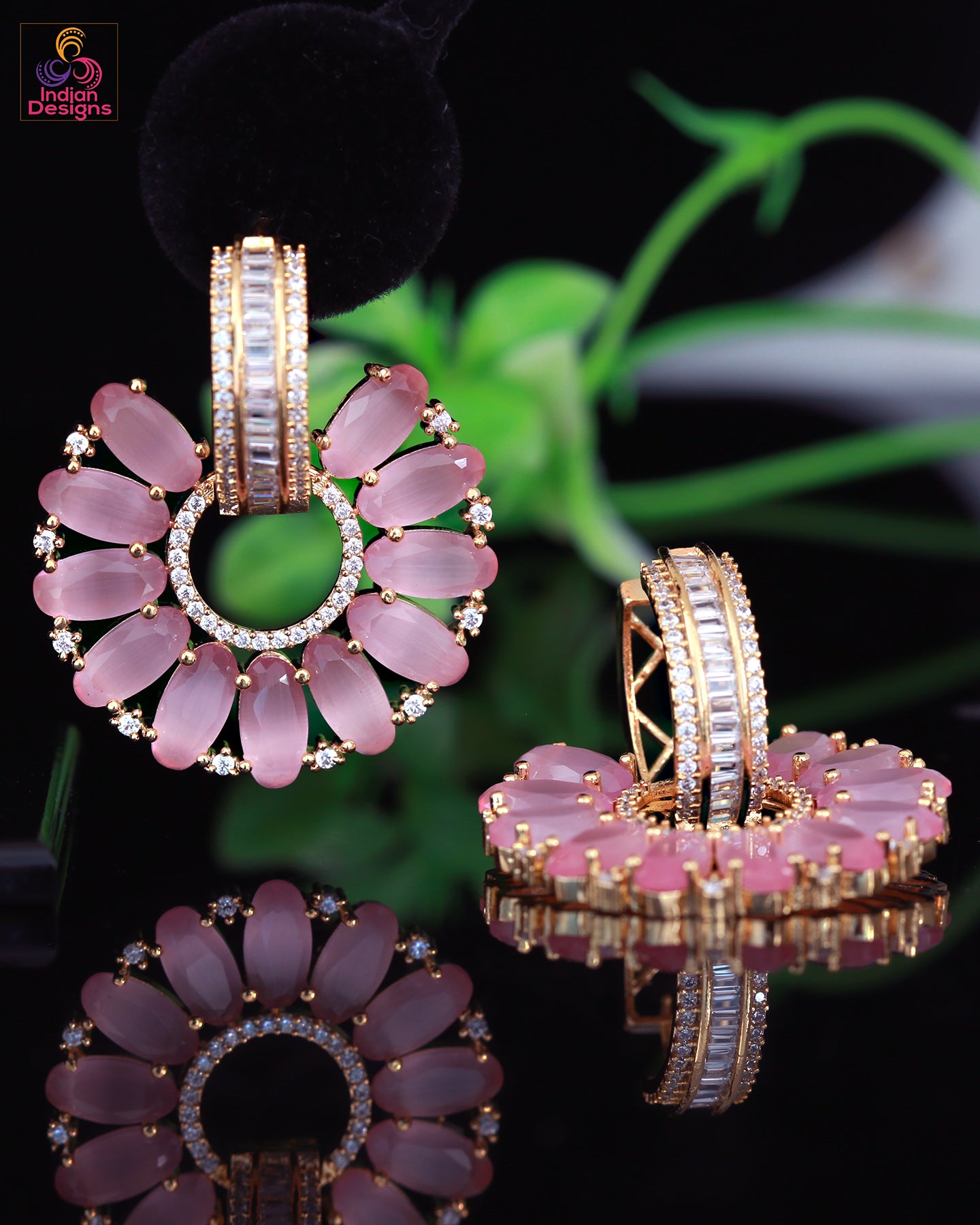 Pink and gold flower hoop earrings | American Diamond Luxury party Floral Earrings