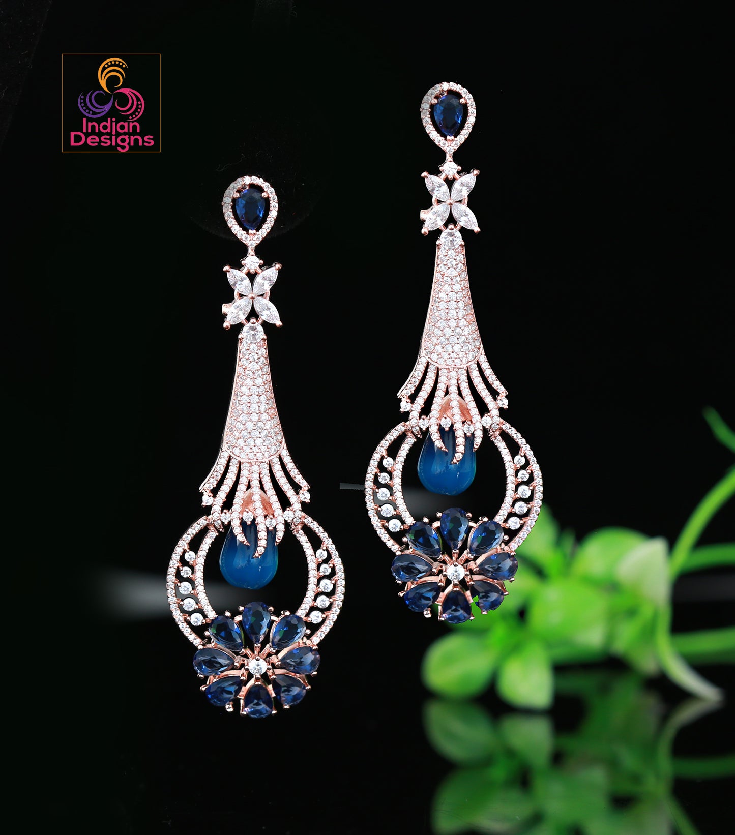 Rose Gold American Diamond Dangle and Drop Earrings | Long CZ Ad Blue stone Chandelier Earrings