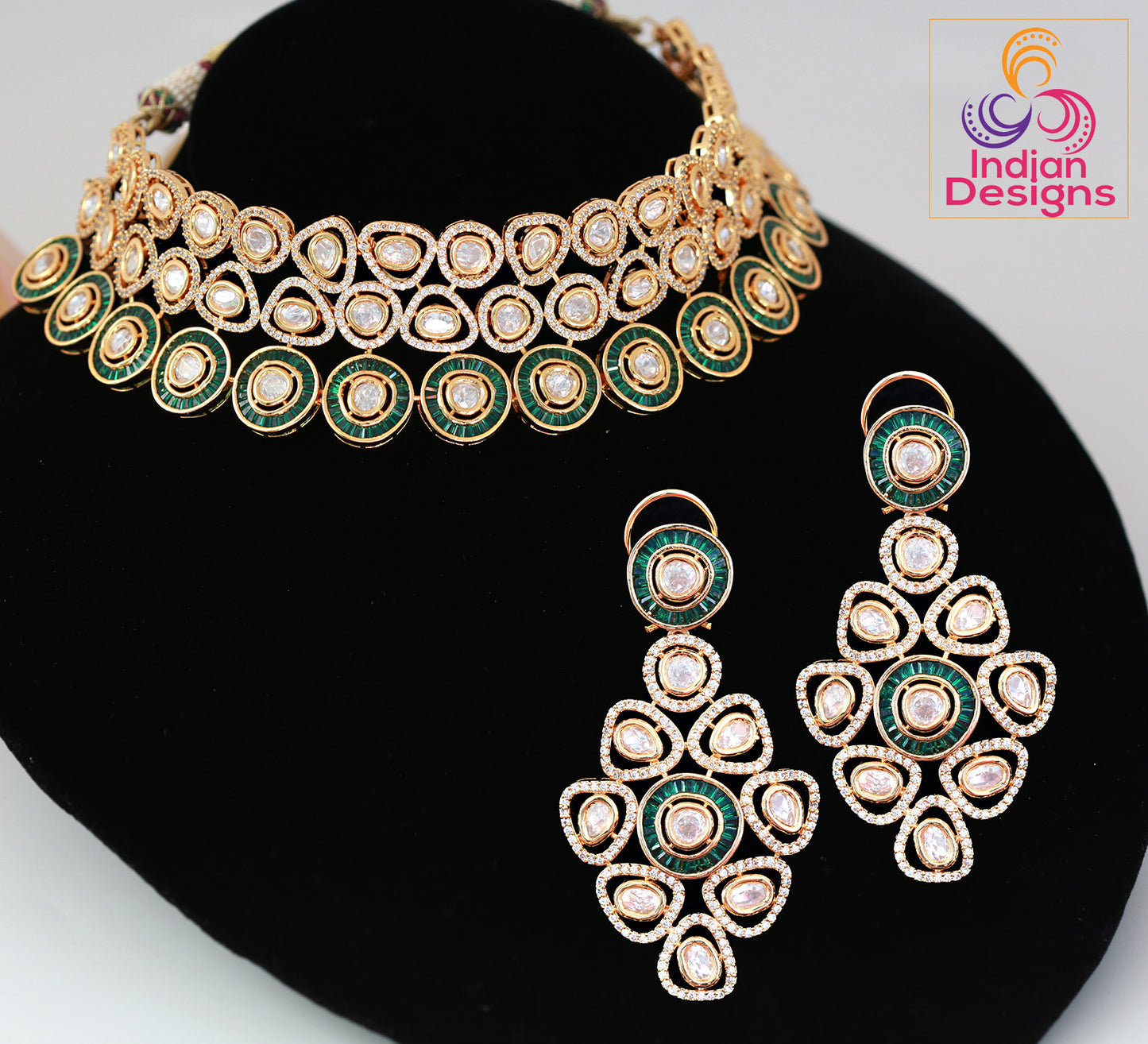 American diamond choker set | Kundan Choker Necklace Earring Set | Indian Jewelry Bridal Wedding Necklace | bollywood style choker necklace