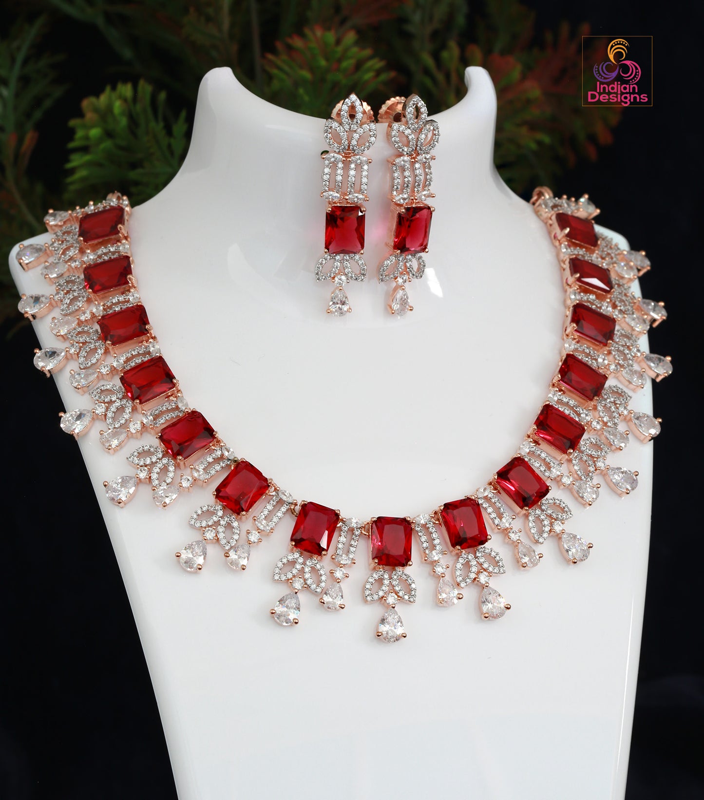 Red Stone American Diamond Necklace and Earrings Set - 22kt Gold Plated with Clear CZ Stones