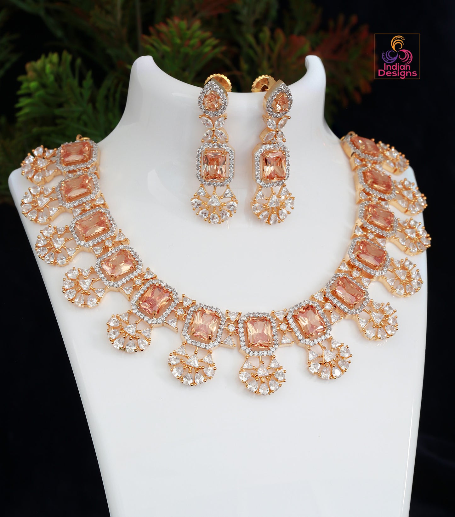 Emerald Cut Topaz stone American Diamond Gold Plated Necklace Earring set in Floral Design
