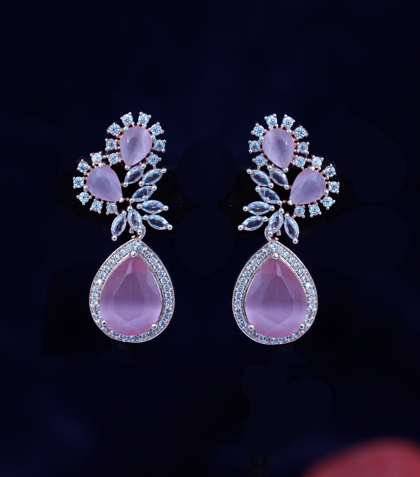 Rose Gold CZ American diamond Designer Earrings floral design with Large Pear-shaped color stones