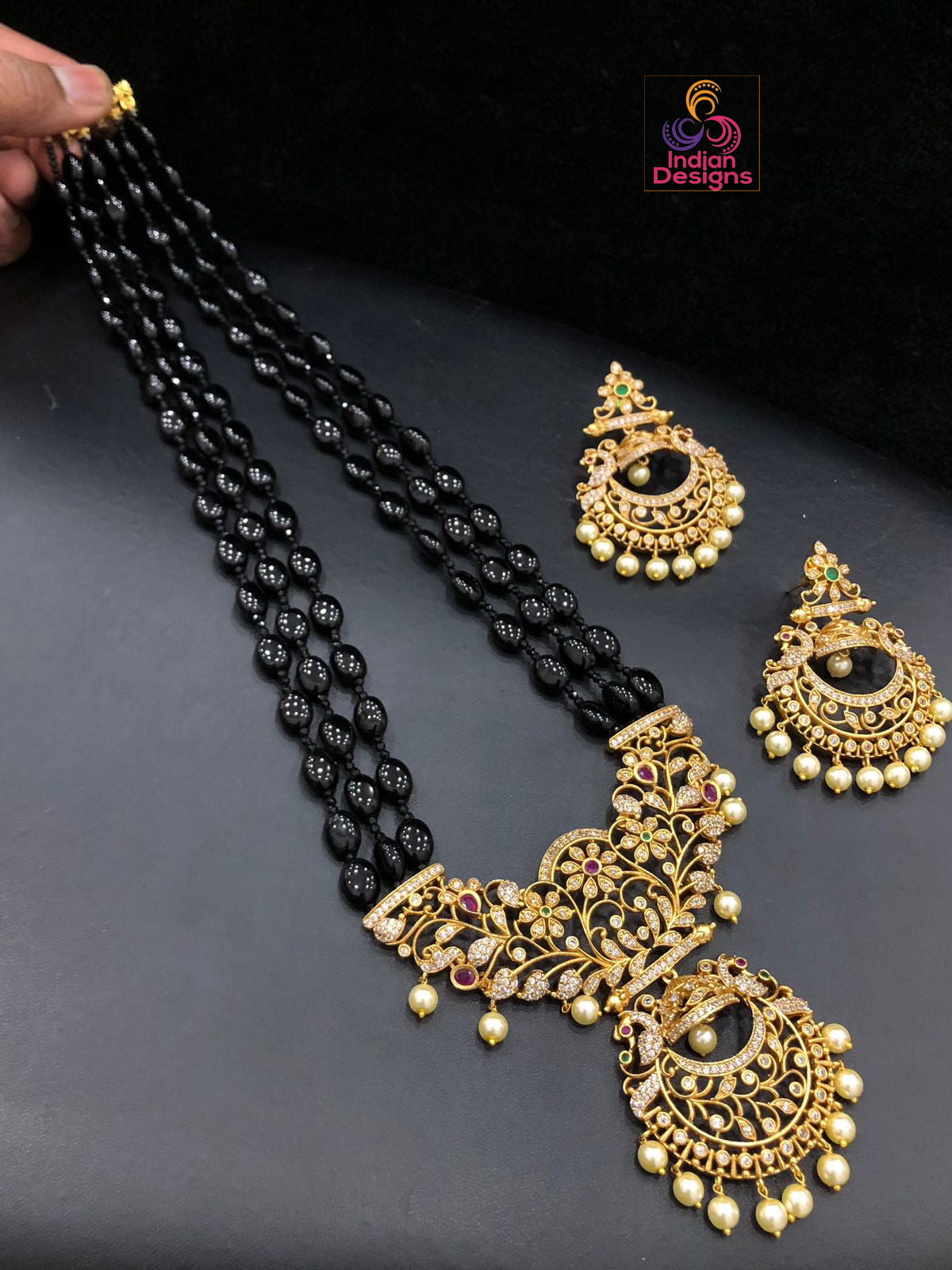 Exclusive matte gold CZ American Diamond Pendant with Semiprecious beaded necklace