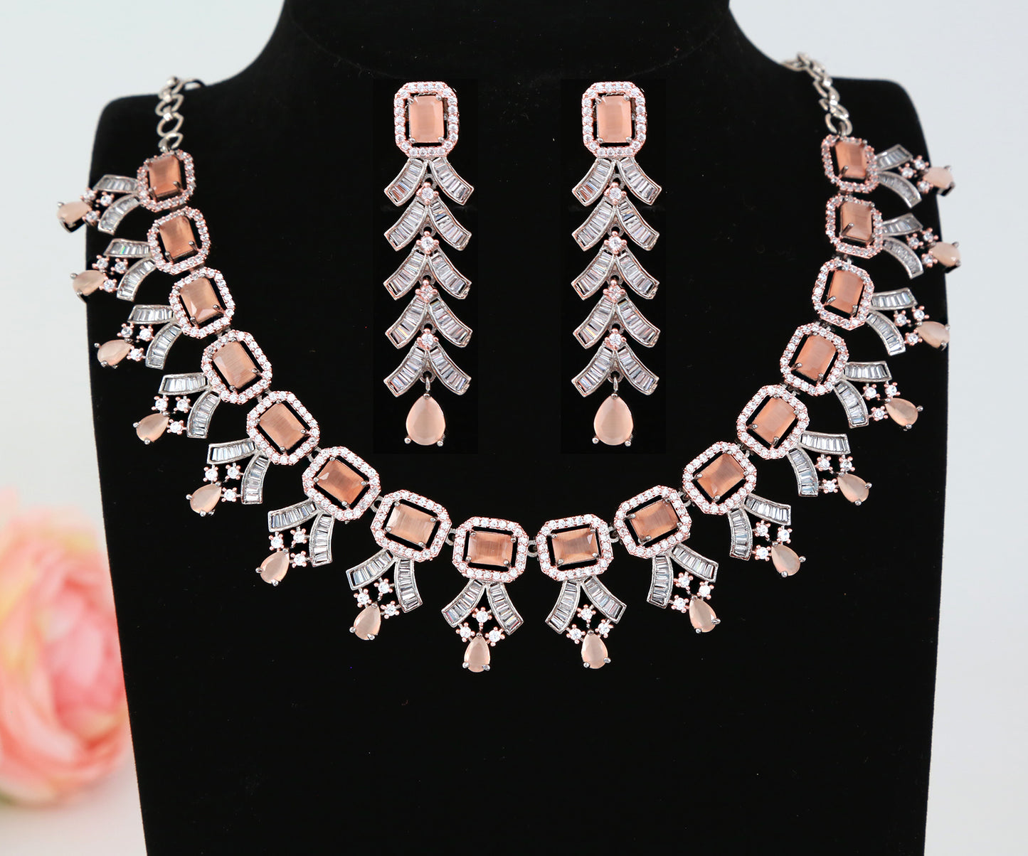 American diamond necklace set | CZ diamond bridal necklace set | Emerald cut AD stone necklace designs | Indian Bollywood wedding jewelry