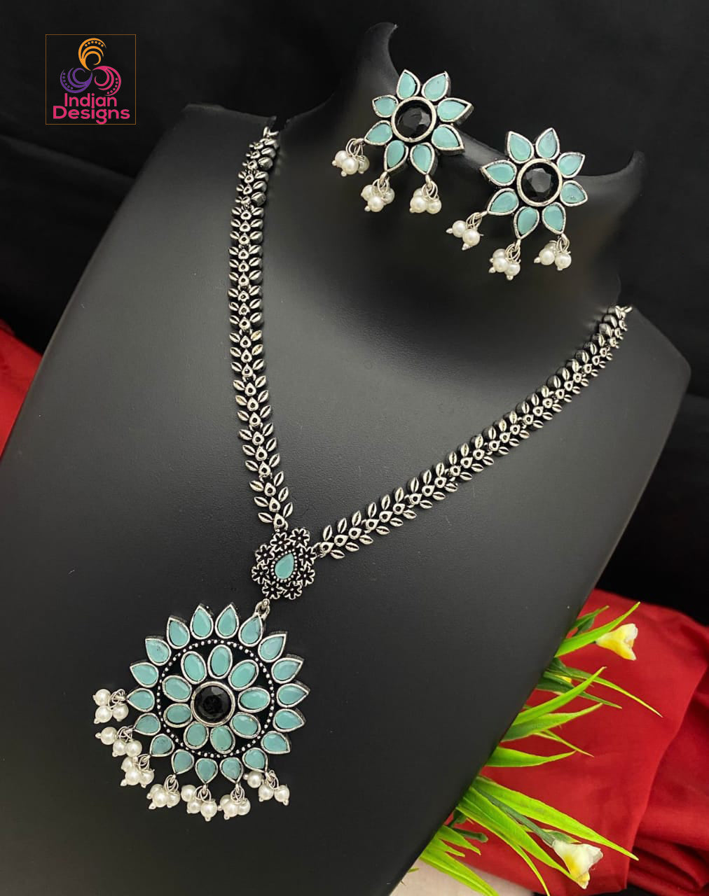 Oxidized Silver Necklace Pendant, German Silver Floral Designs Pendant Earrings for women