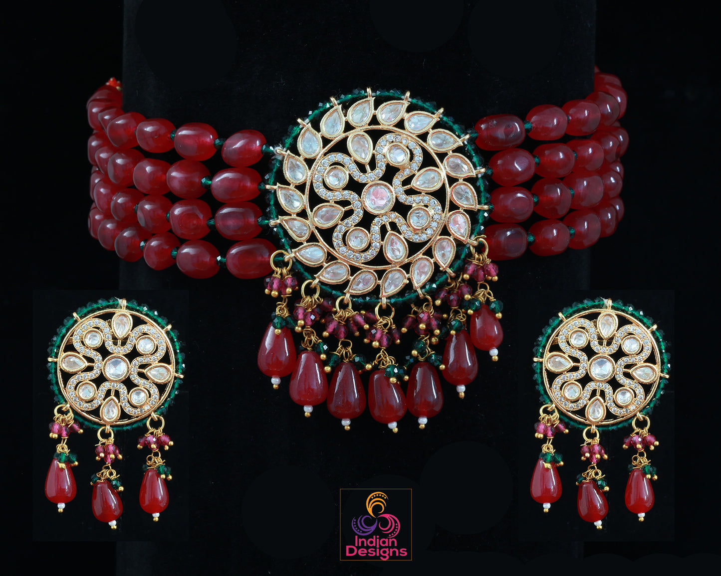 Blue beads kundan choker set | Indian Wedding jewelry | American Diamond jewelry|CZ Choker |Pink Choker Bridal Necklace |gold choker designs