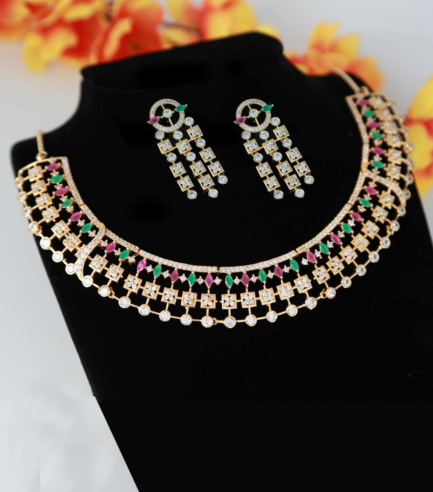 High quality Gold Plated choker necklace with Emerald ruby & White stones