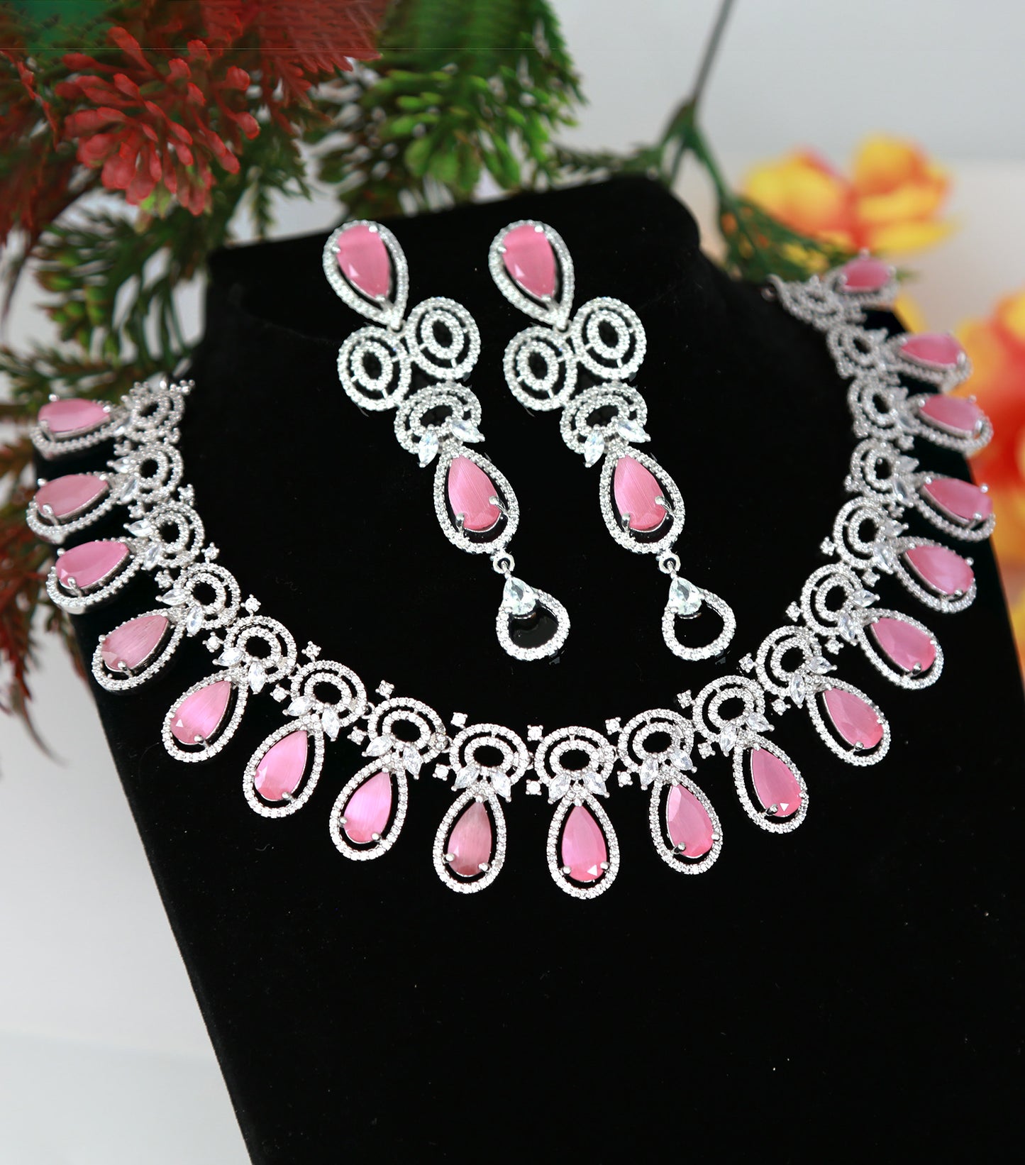 Pear shaped Pink Stone Silver American Diamond Necklace