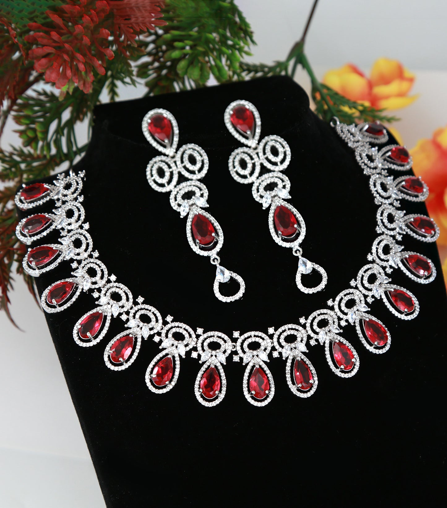 Silver American Diamond Tear-drop Pink necklace set | High end crystal necklace and Earrings