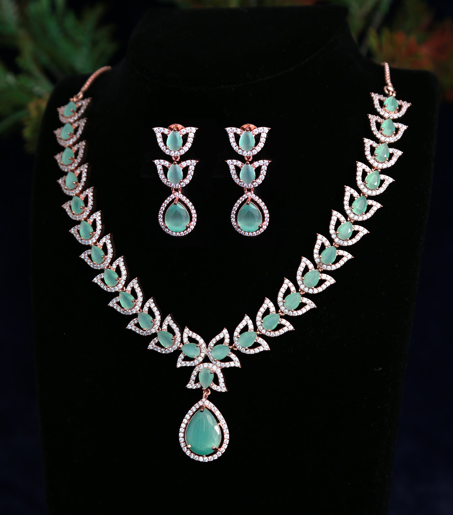 Rose gold American Diamond Mint Green Necklace and Earring set
