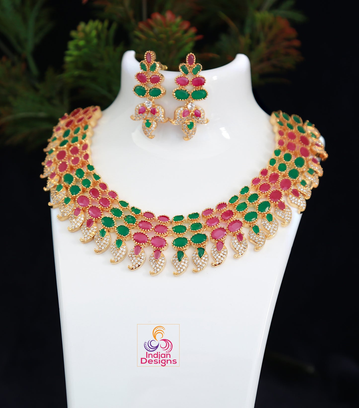 Gold Plated Ruby Emerald and White stone American diamond necklace