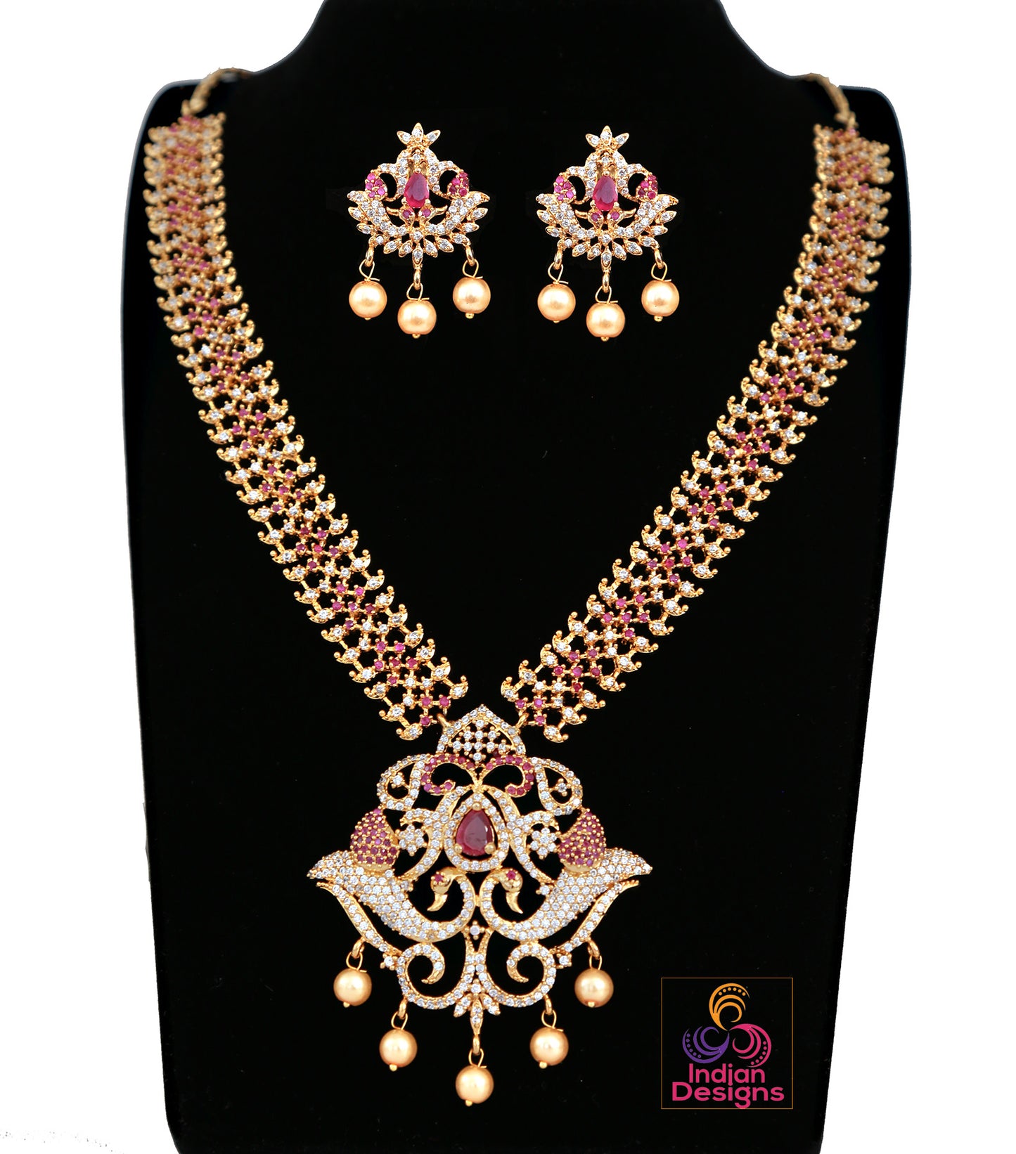 Gold Plated American Diamond Peacock Designer Necklace | CZ Ruby Emerald Crystal Jewelry