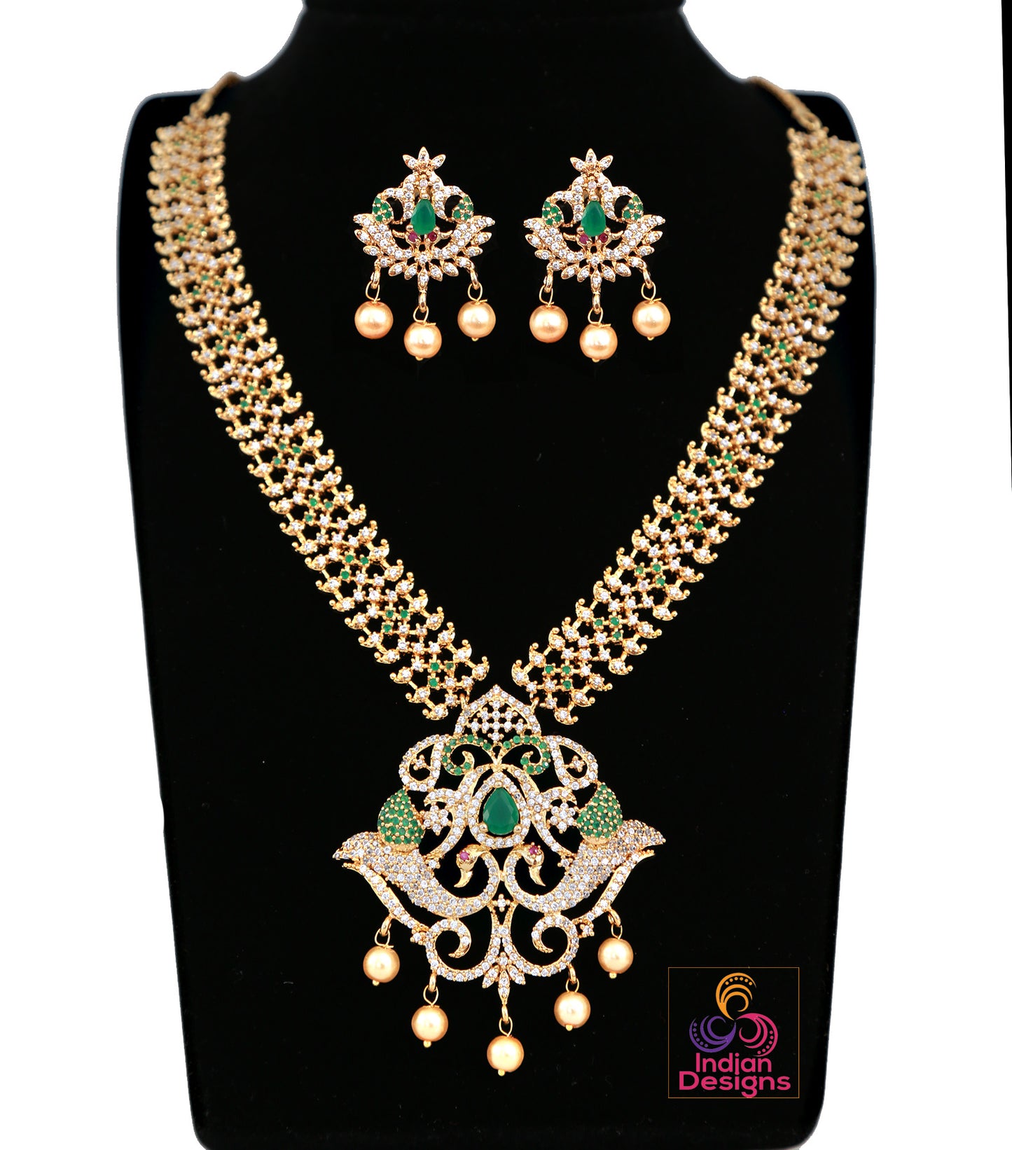 Gold Plated American Diamond Peacock Designer Necklace | CZ Ruby Emerald Crystal Jewelry
