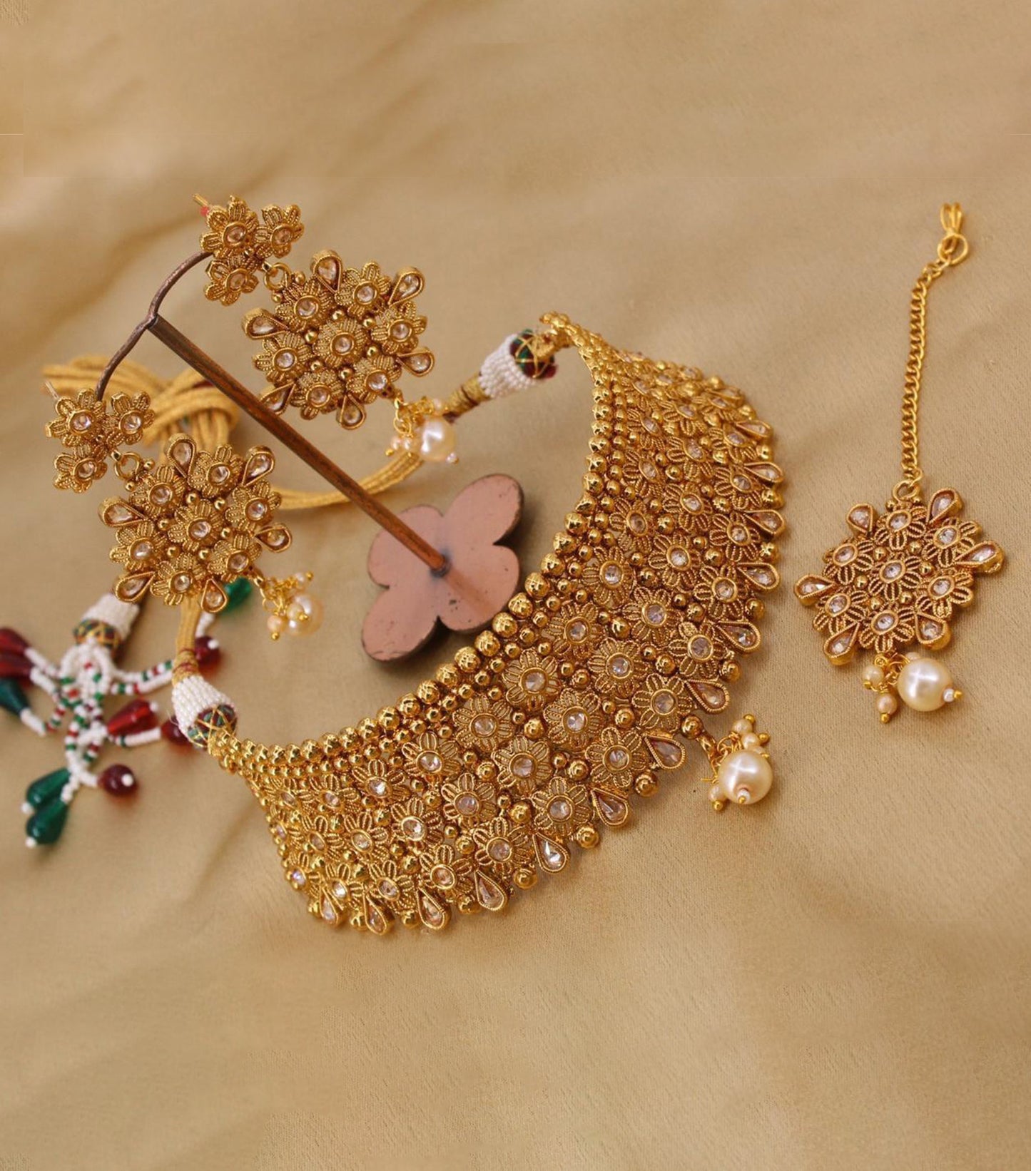Traditional Matte Gold choker necklace with Earrings and Mango tikka