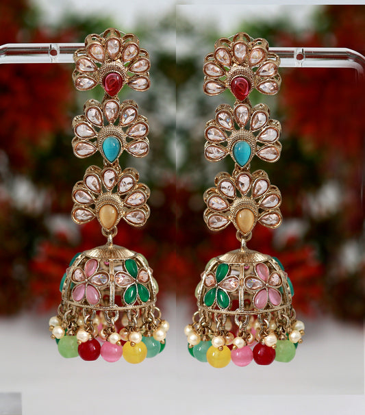 Latest antique gold jhumka designs with Pearl drops | Long Party jhumka Set with color stones
