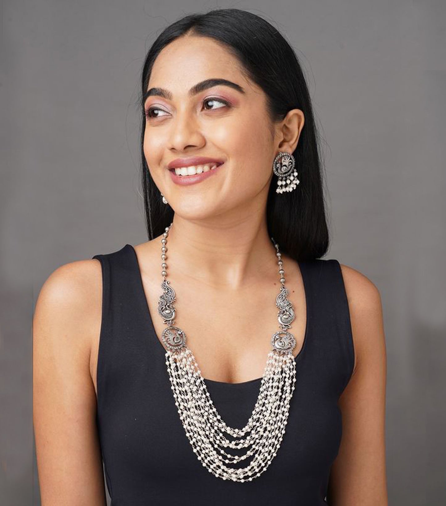 Indian Oxidized Silver Necklace with Multi-Layered Pearl Strands - Designer Oxidized Jewelry for Special Occasions