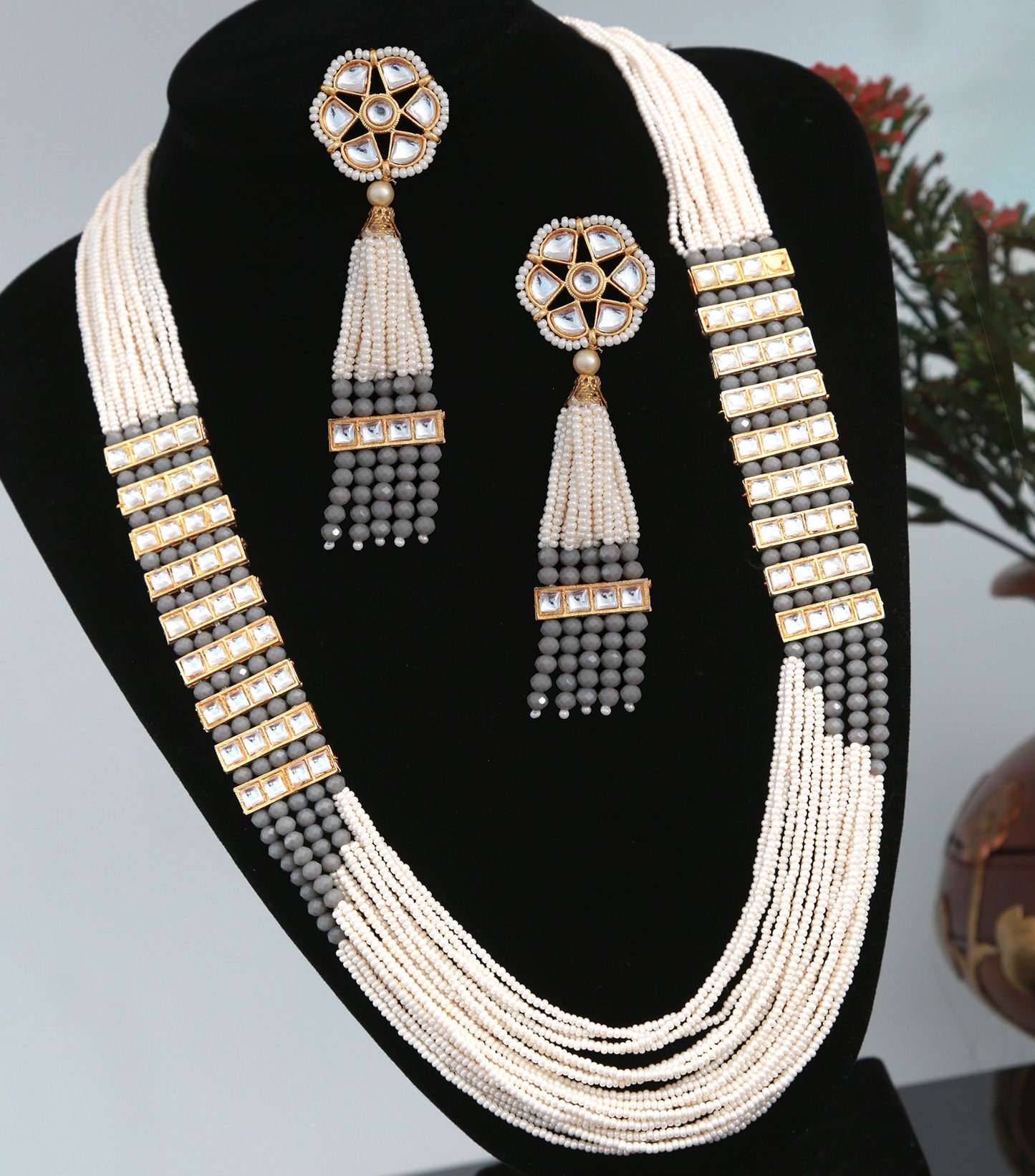 Gold Plated Multi-strand long Pearl and hydro beads set with Kundan stones and Floral Earrings