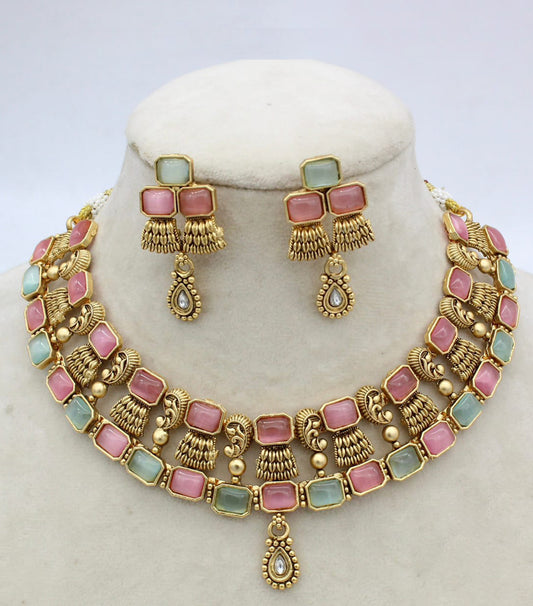 Matte Gold Finish Rajwadi Choker Necklace with Monalisa glass stones | bollywood choker necklace set