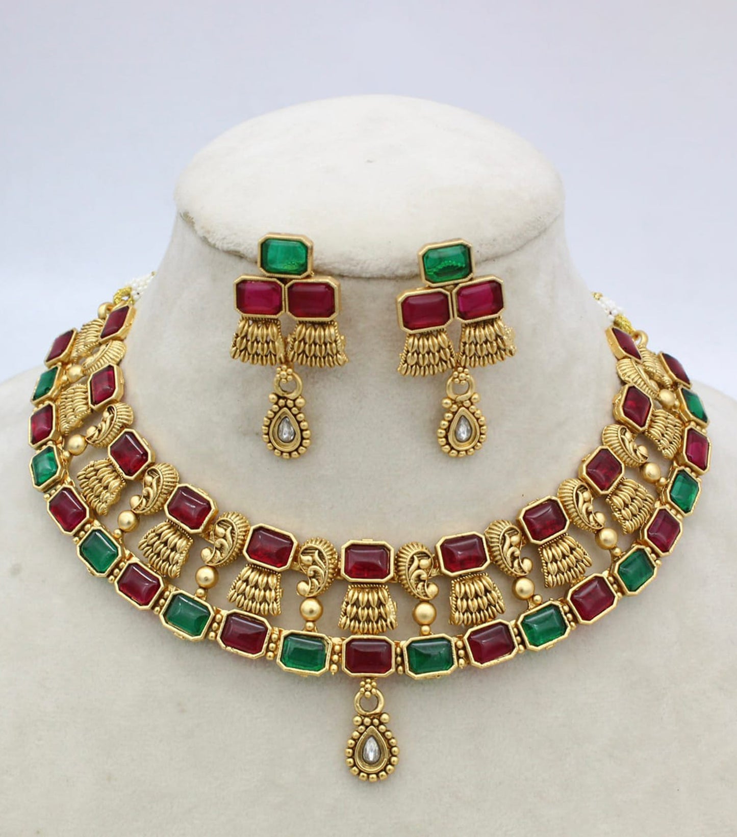 Matte Gold Finish Rajwadi Choker Necklace with Monalisa glass stones | bollywood choker necklace set