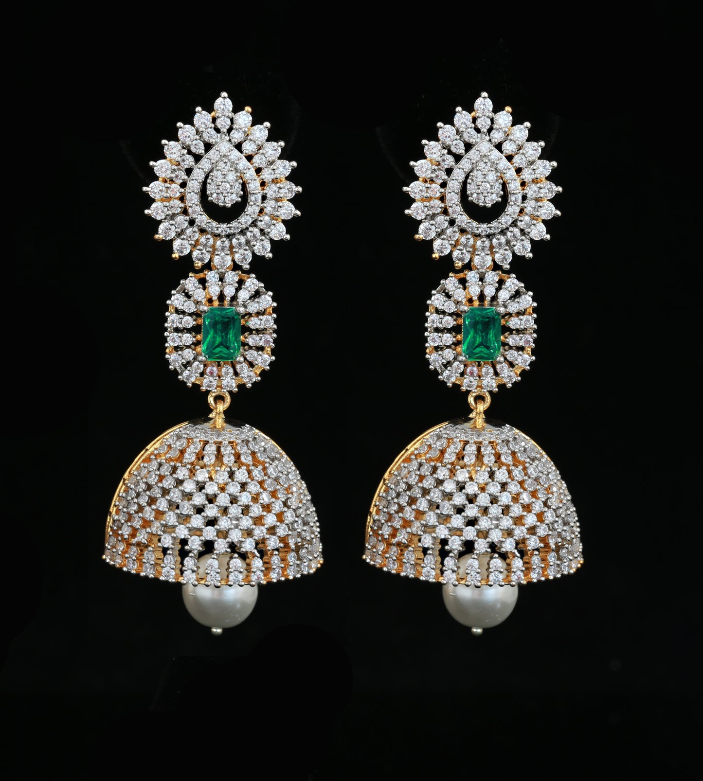 Long AD Jhumka with Pearl drop and Green Stone | Bridal Gold Jhumka design