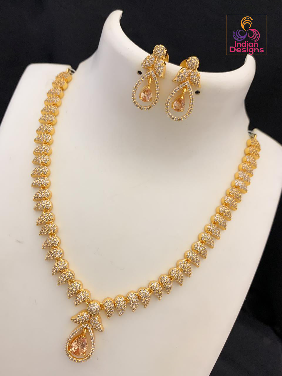 Gold-plated American diamond necklace set with earrings | South Style Indian wedding jewelry | Ruby emerald stone Cz necklace & earring set