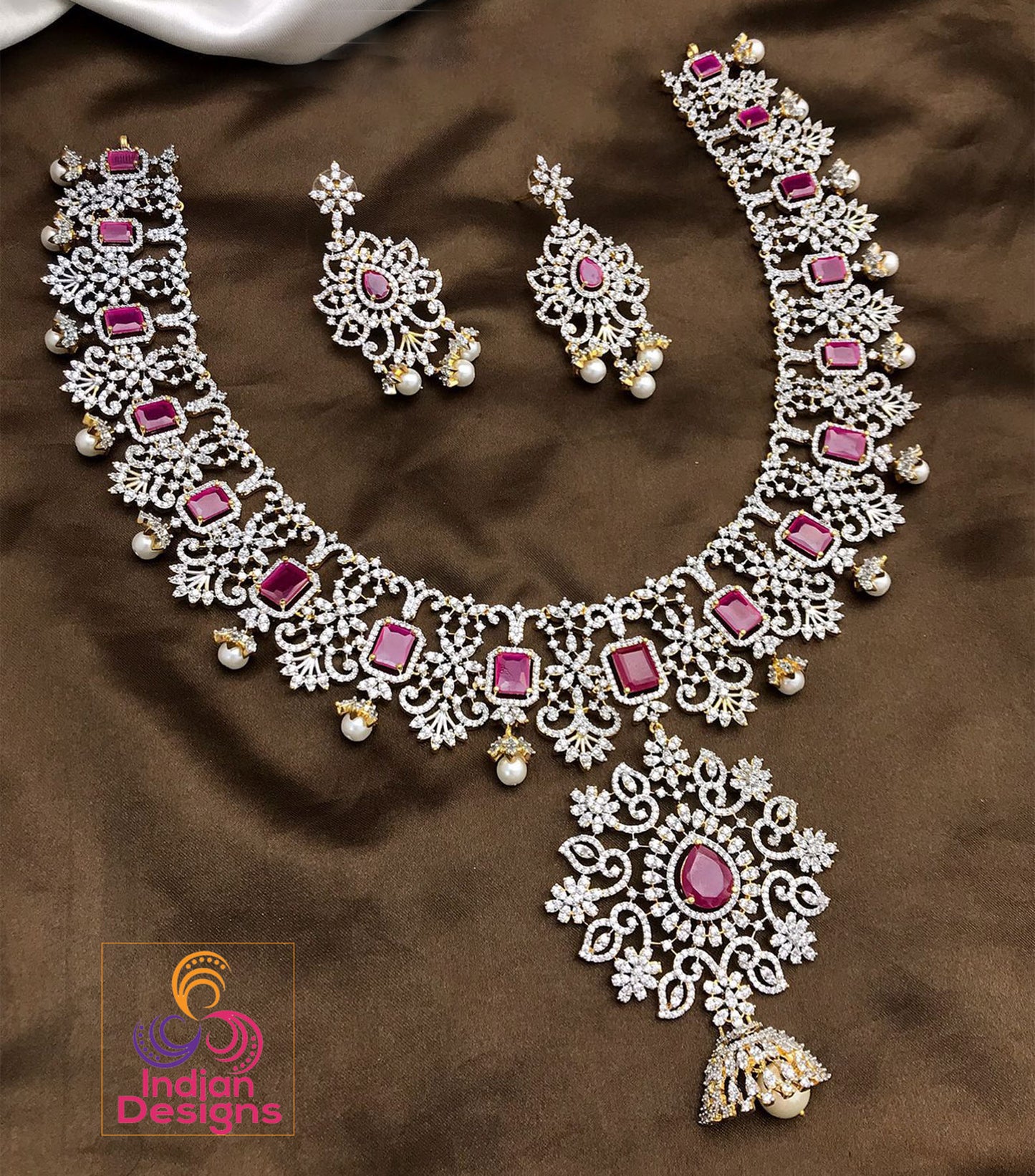 Large Grand American Diamond Jewelry Necklace studded with emerald cut Ruby stone and Pearl drops