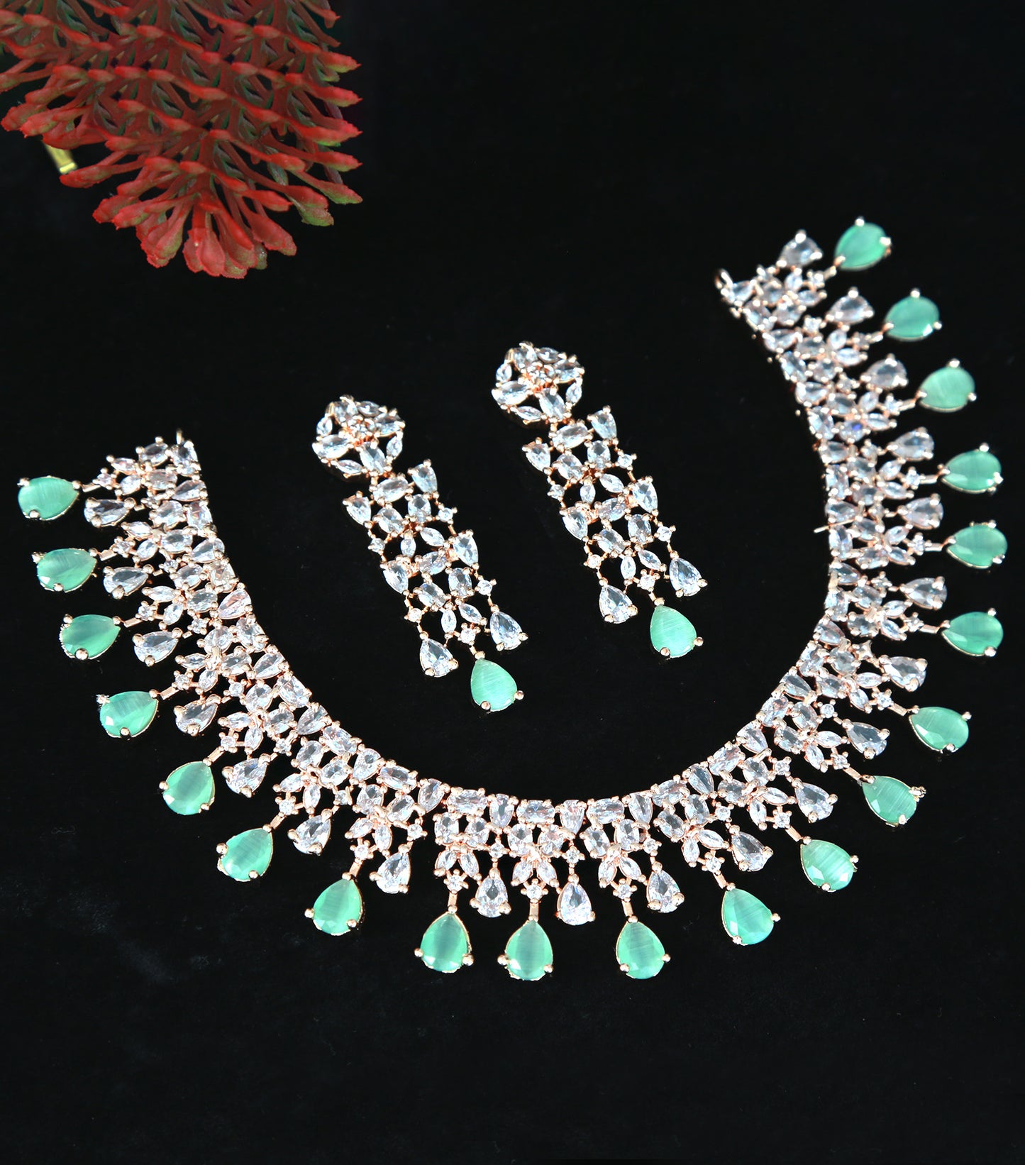 Rose gold American diamond necklace | High Quality CZ Diamonds Mint Green stone Necklace Earrings Set