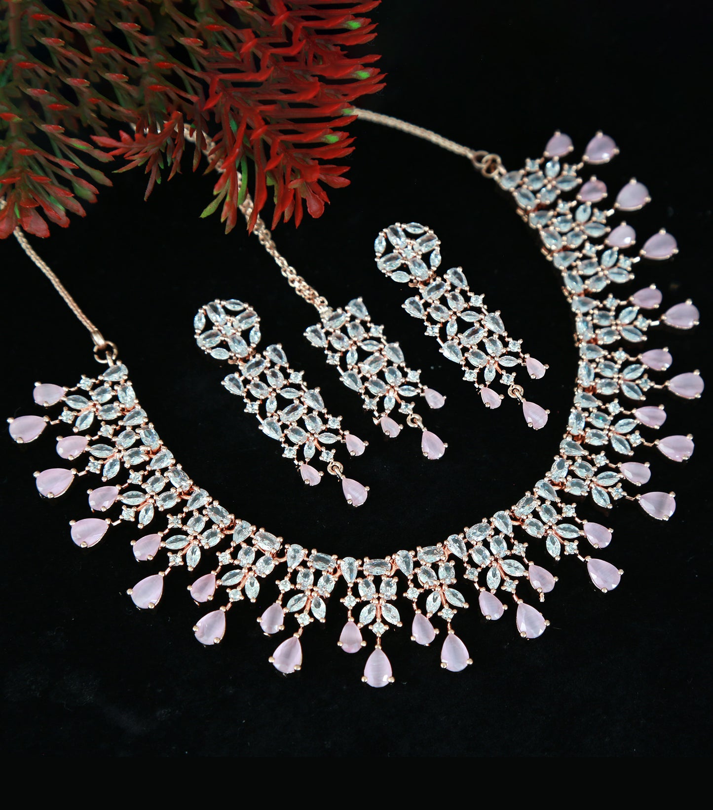 Rose gold American diamond necklace | High Quality CZ Diamonds Mint Green stone Necklace Earrings Set