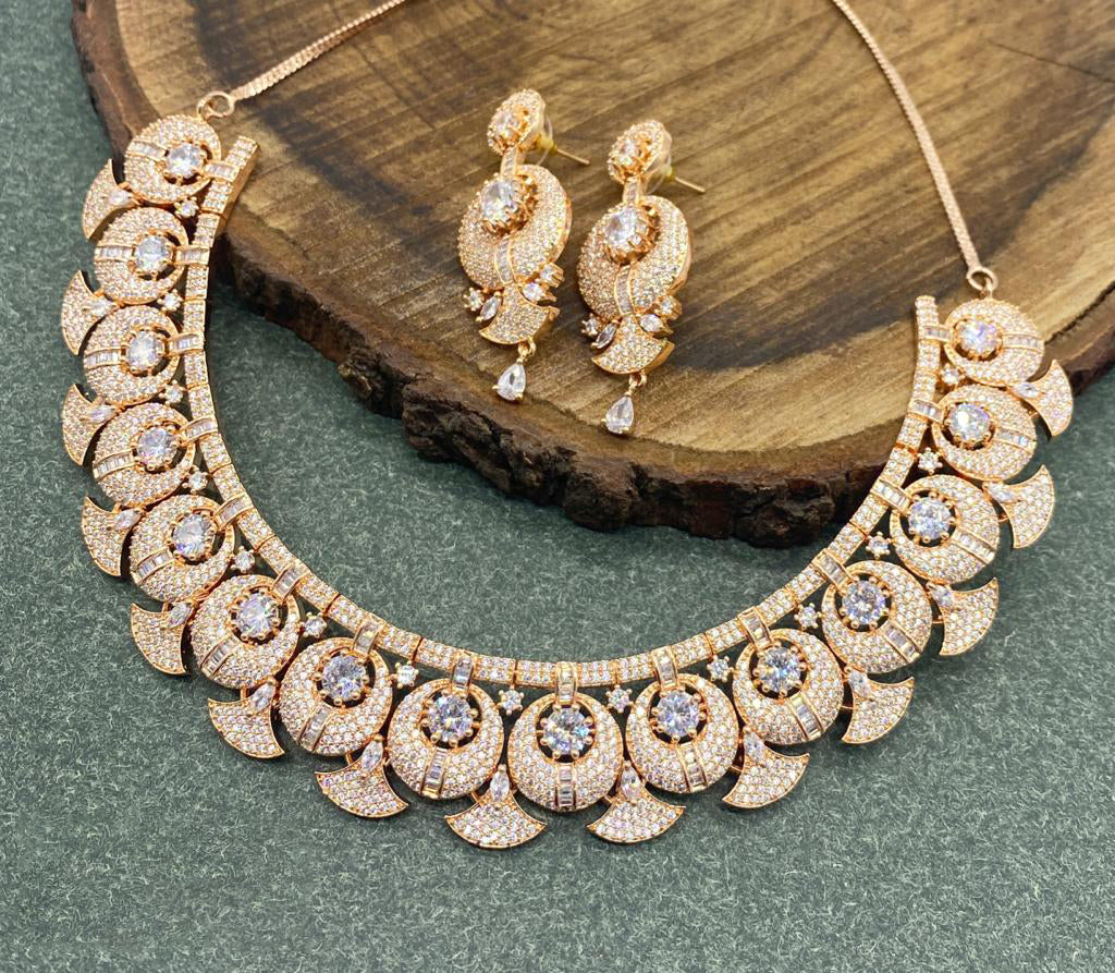 Rose gold American Diamond necklace and earring set|Cz diamond choker|IndianJewelry|Statement Necklace| Unique Jewelry Design| Gift For her