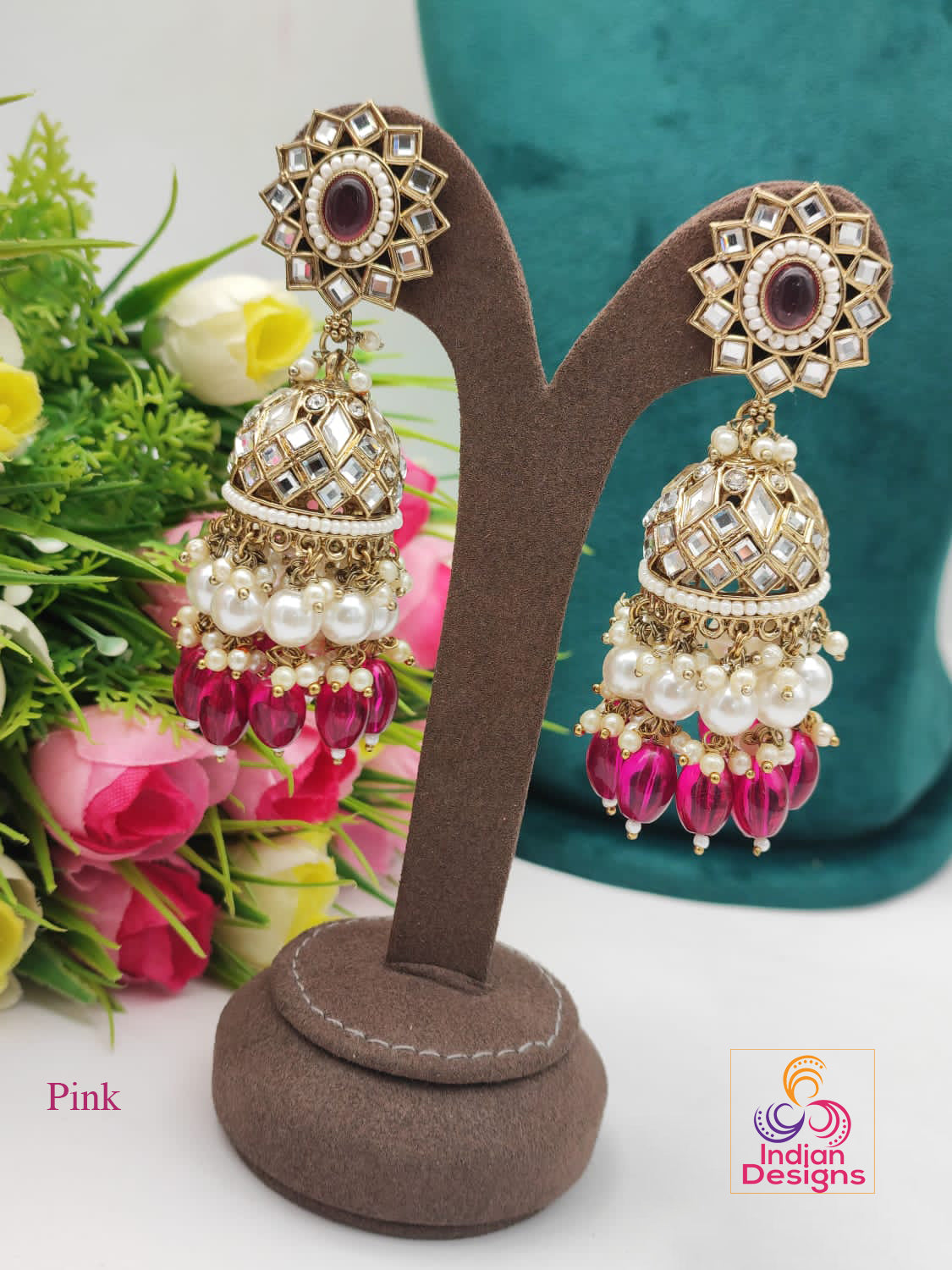 Designer Bollywood party wear Long Kundan Jhumka With Color beads and Pearl drops