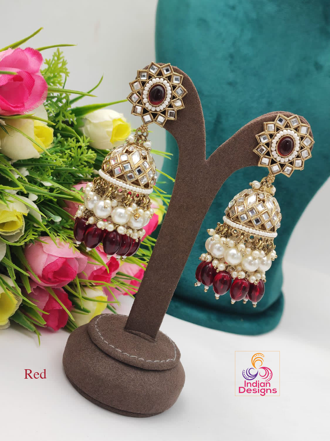 Designer Bollywood party wear Long Kundan Jhumka With Color beads and Pearl drops