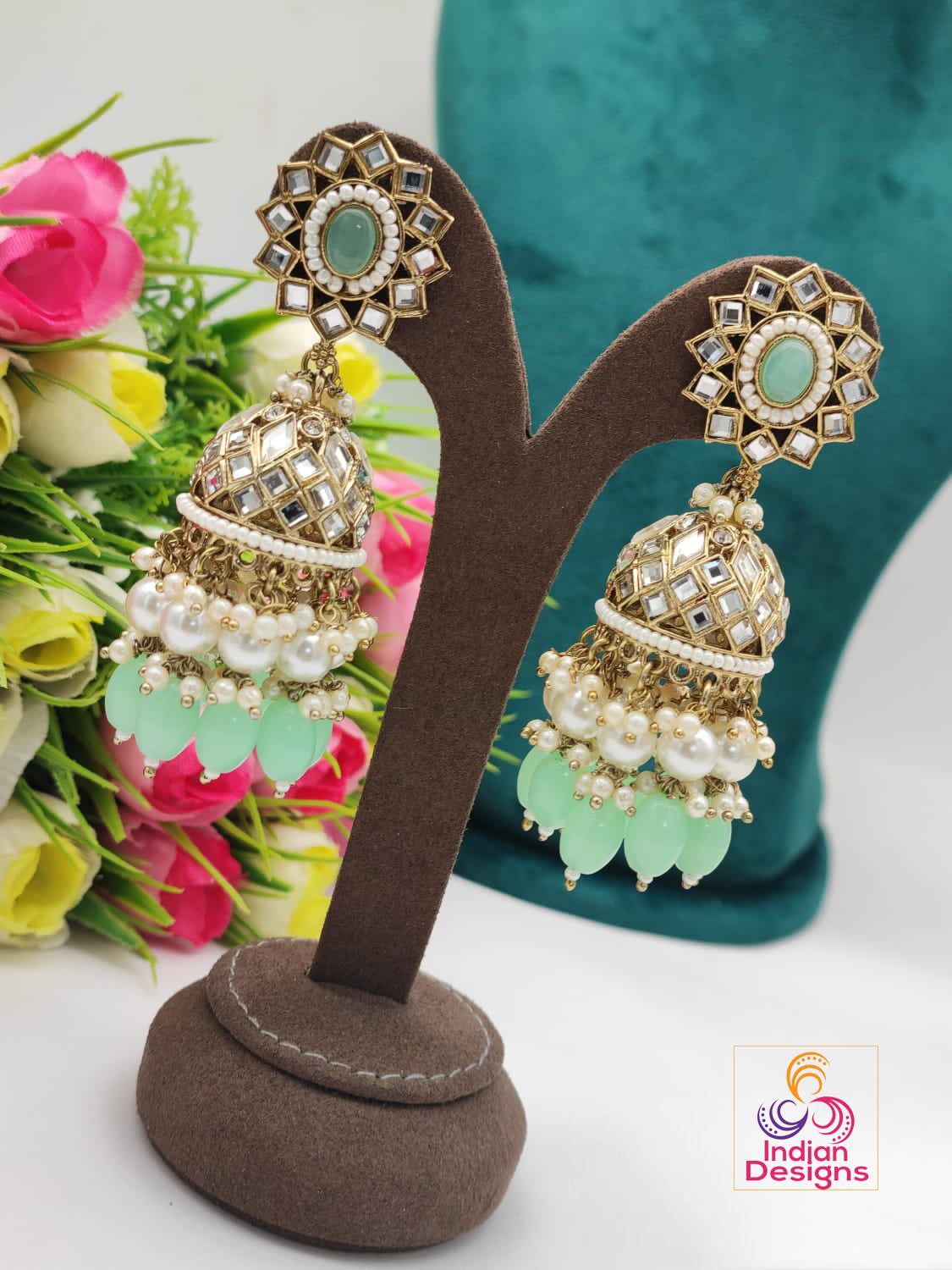 Designer Bollywood party wear Long Kundan Jhumka With Color beads and Pearl drops