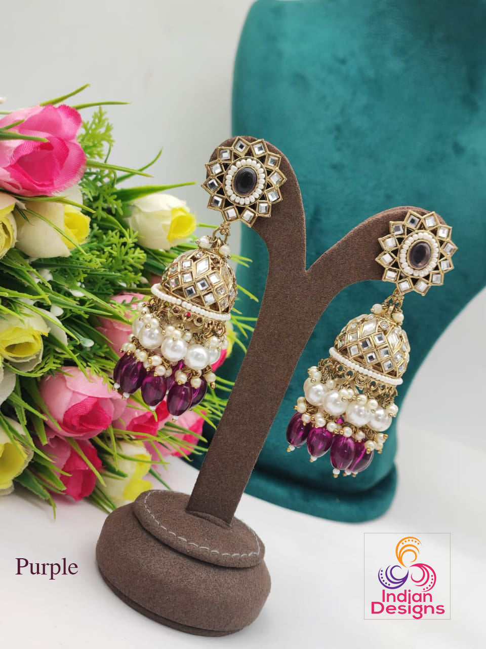 Designer Bollywood party wear Long Kundan Jhumka With Color beads and Pearl drops