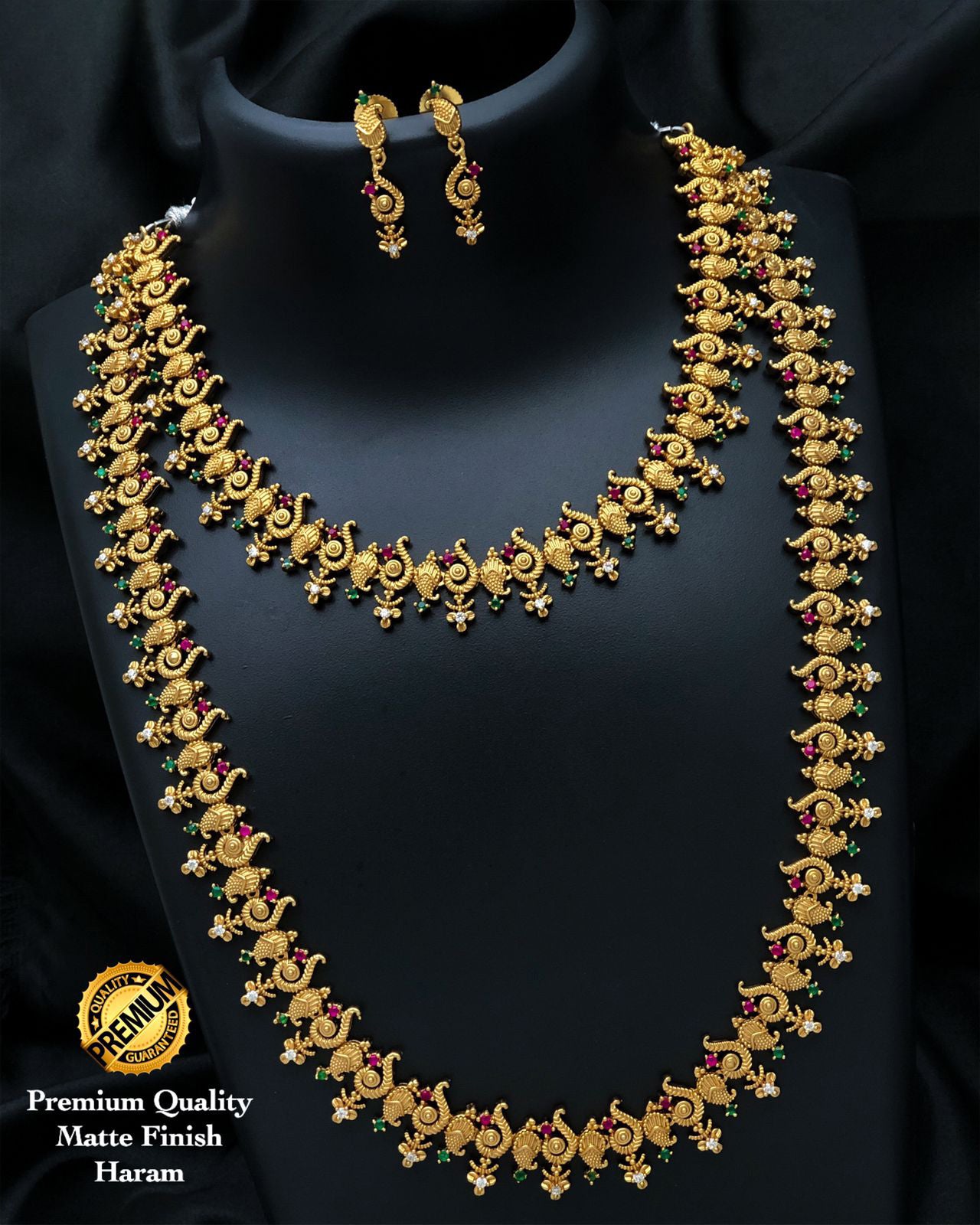 Traditional South Indian Temple Jewelry | Matte Gold Shankh Necklace Combo with Green Ruby and White Stones