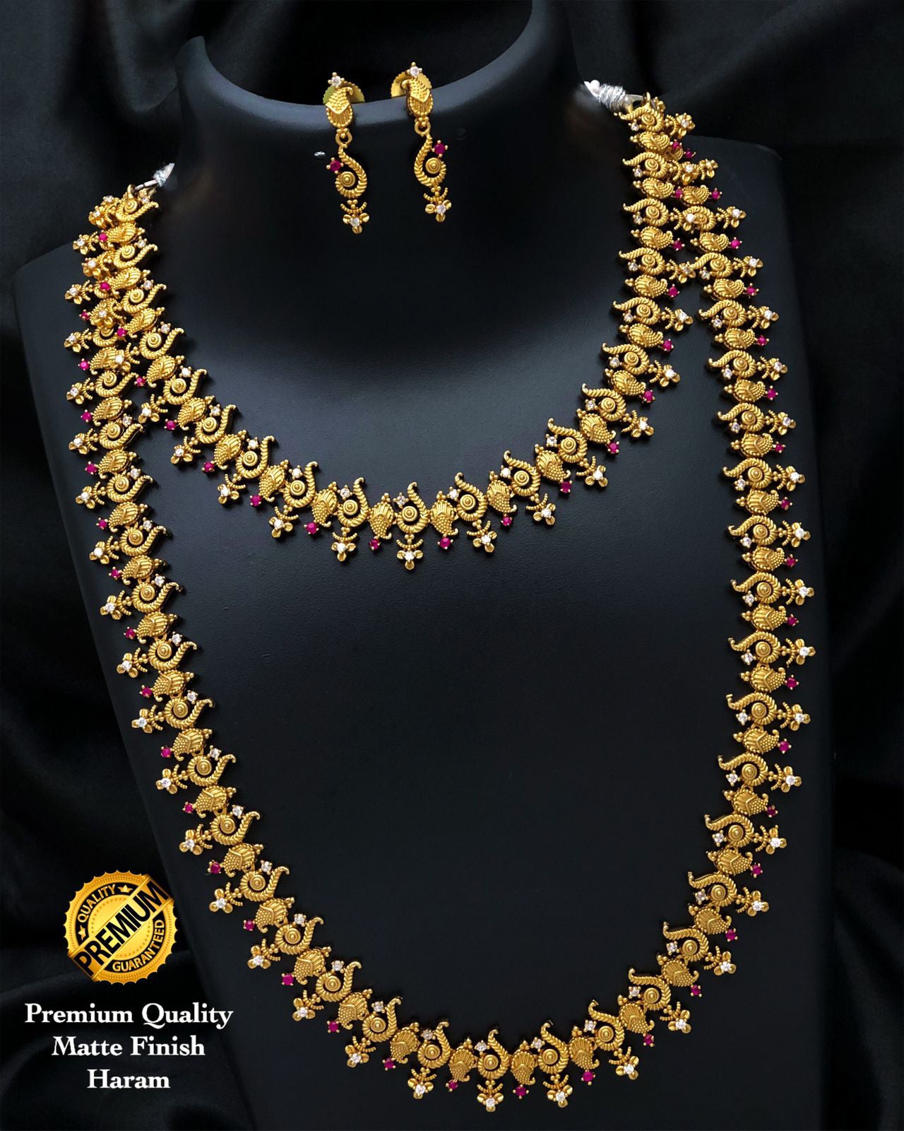 Traditional South Indian Temple Jewelry | Matte Gold Shankh Necklace Combo with Green Ruby and White Stones