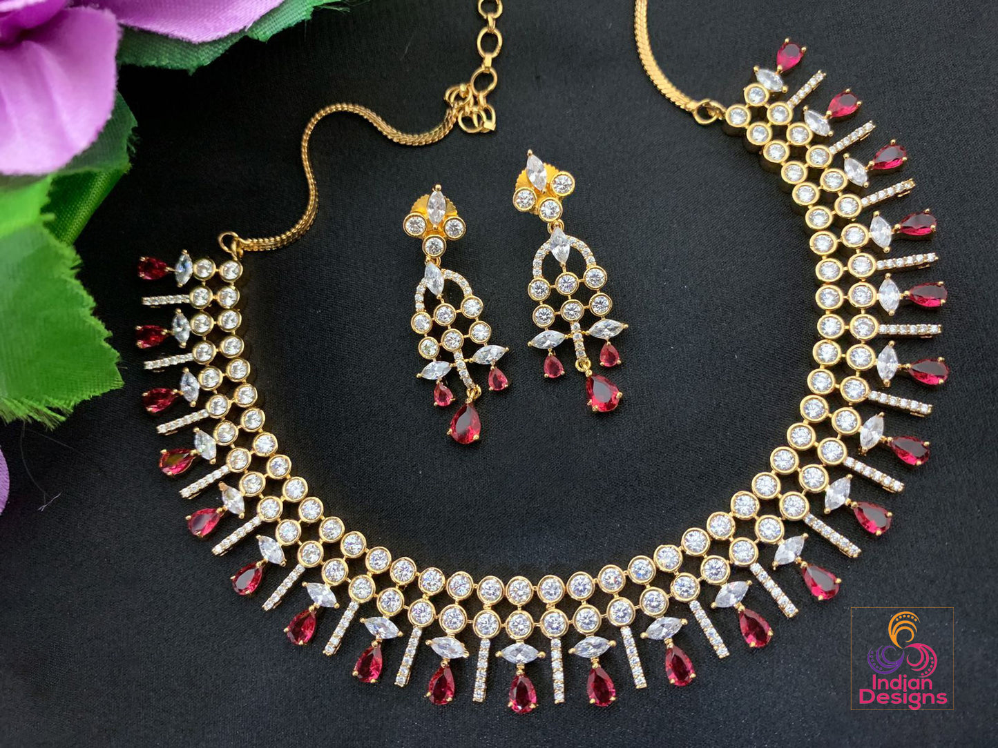 Gold-plated Pink American diamond necklace jewelry | Rose quartz crystal necklace | statement necklace and earring set | Indian Designs