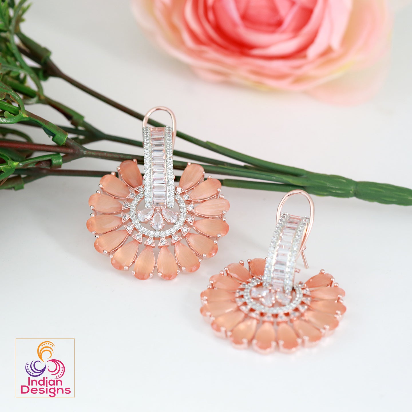 Big flower stud Crystal earrings | Ad stud earrings Pink stones | Rose Gold Plated American Diamond stud Earrings | Bollywood style CZ Studs