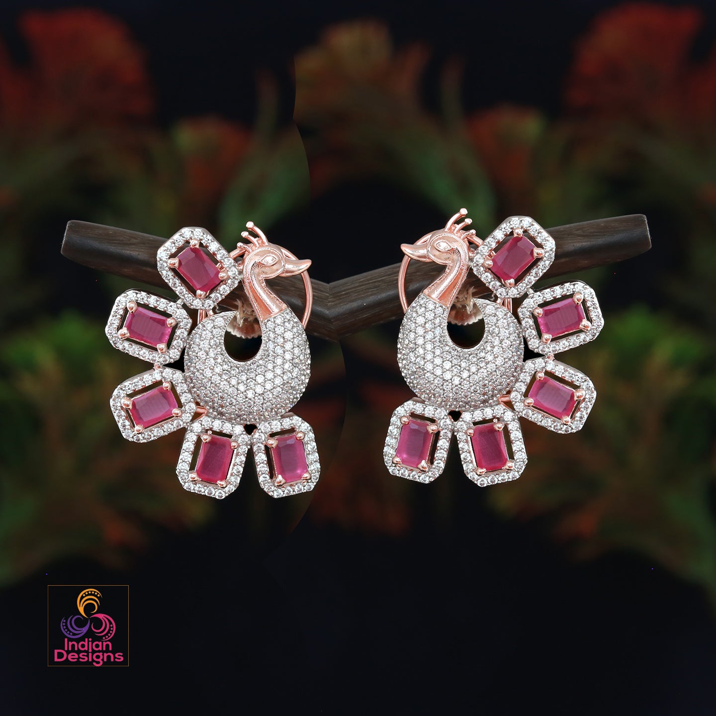 Silver CZ Crystal peacock stud Earrings | American Diamond Stud earring | Indian Pakistani wedding Earrings | Rose gold CZ stud Earrings