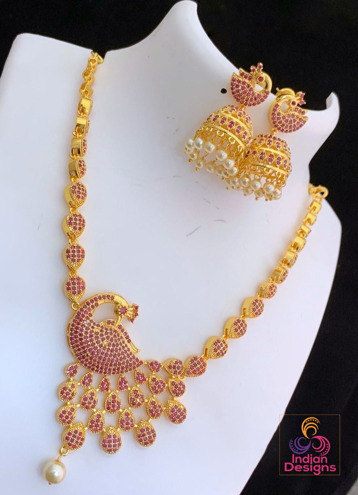 Dancing Peacock Design American Diamond Necklace Earring set |Gold Plated Peacock American Diamond Necklace with Ruby stones |Indian Jewelry