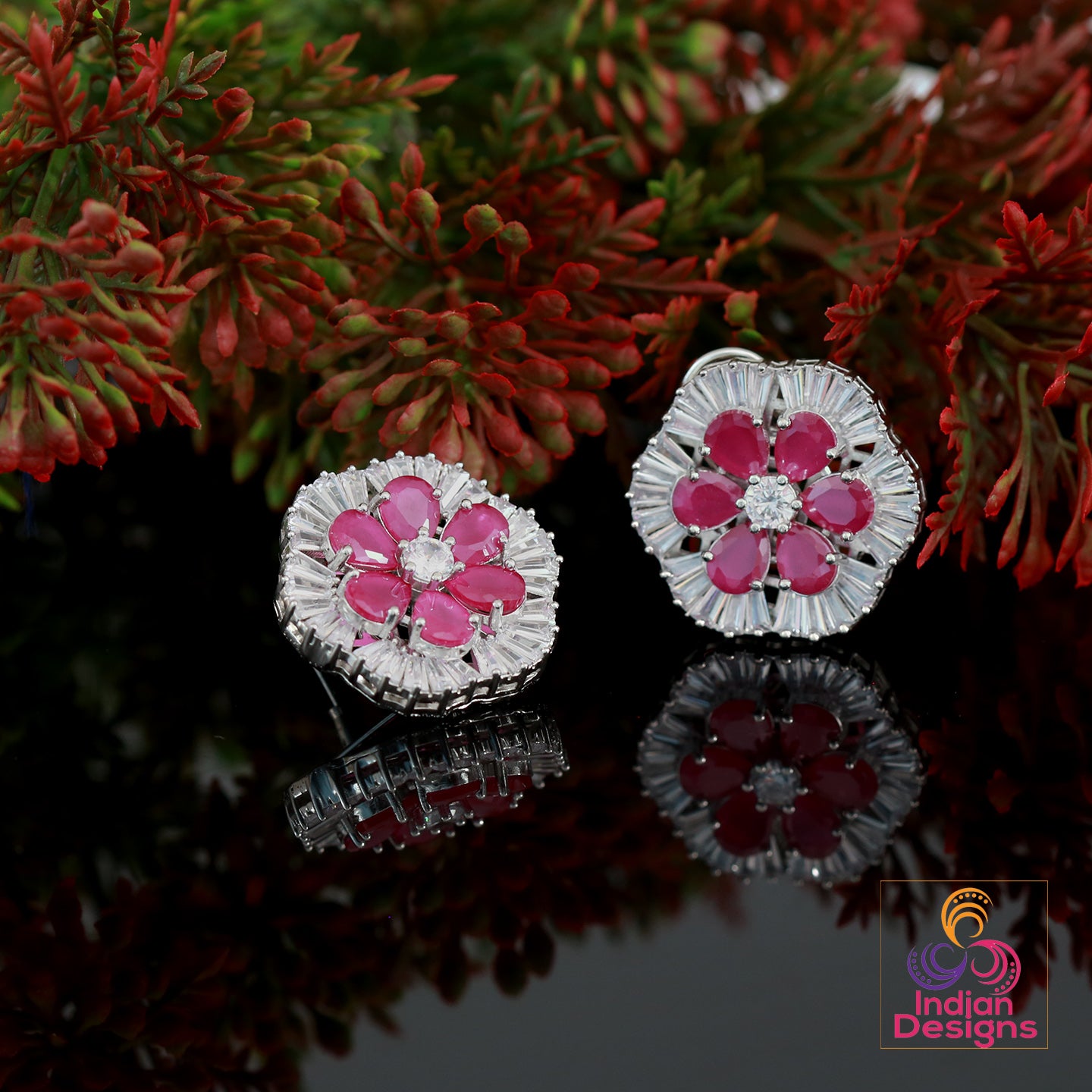 Big flower stud Crystal earrings | Ad stud earrings Mint stones | Rhodium Plated American Diamond stud Earrings | Bollywood style CZ Studs